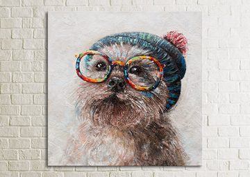 YS-Art Gemälde Positiv, Tiere, Leinwand Bild Handgemalt Yorkshire Terrier Brille Mütze Bunt