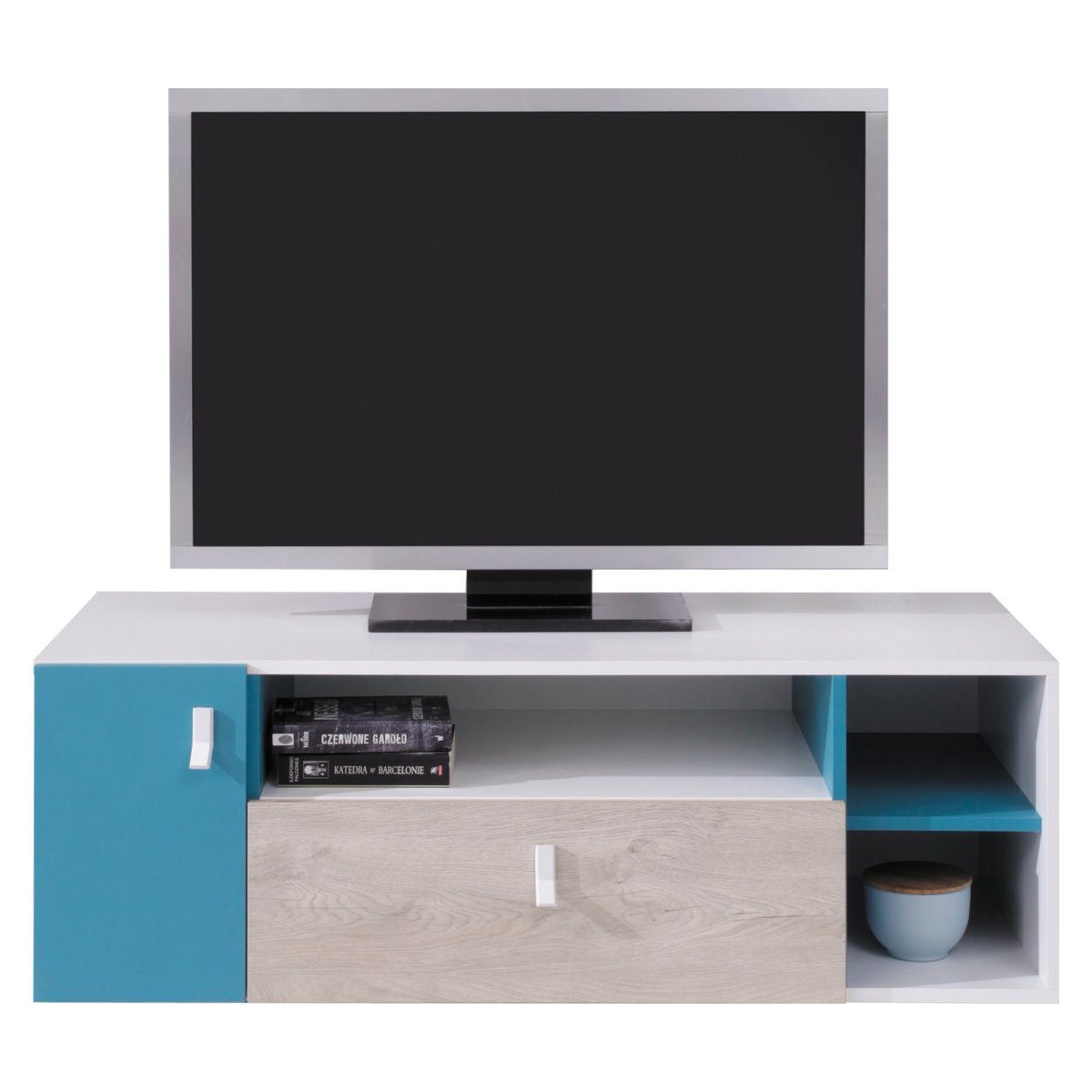 Lomadox Lowboard PITTSBURGH-133, Fernsehschrank 120cm, weiß/Eiche/blau