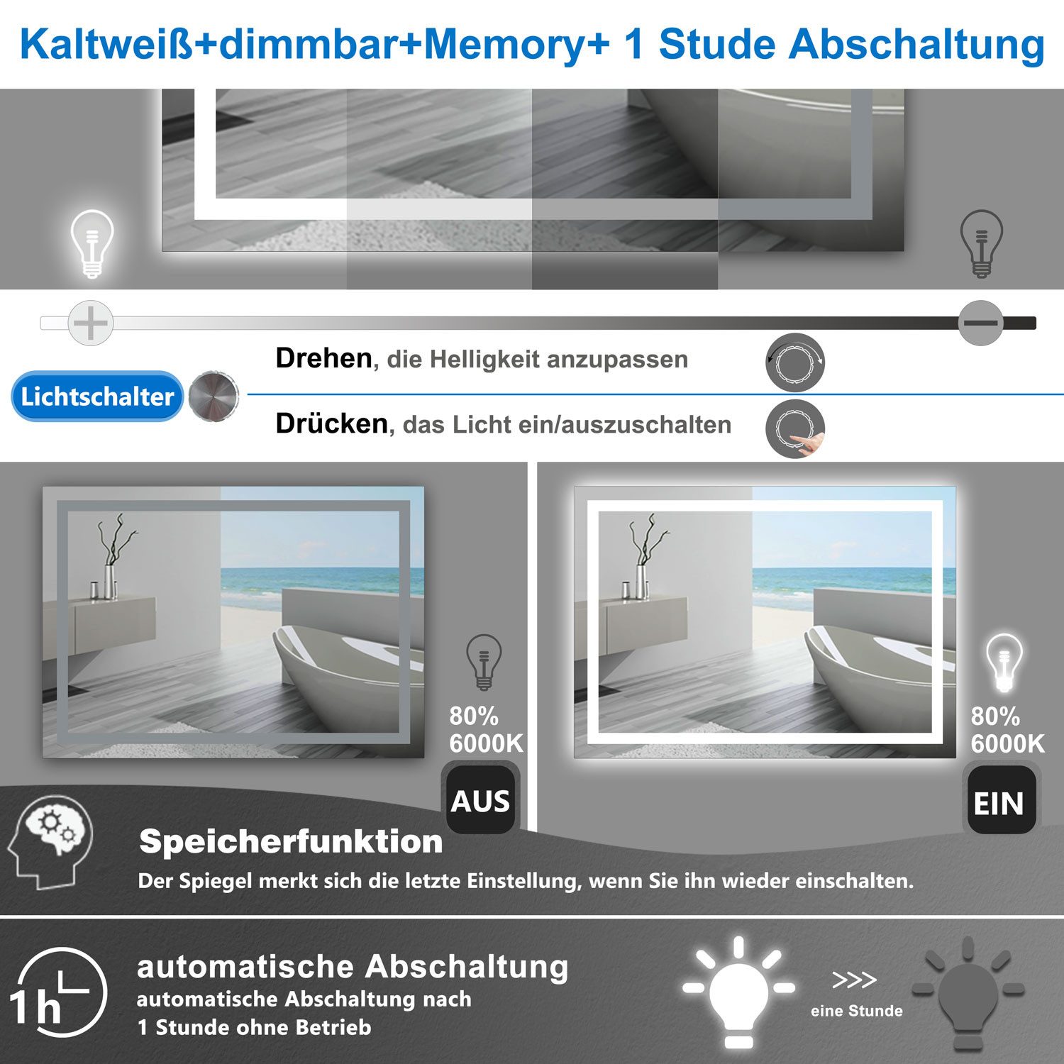 duschspa Badspiegel Badspiegel mit Beleuchtung Dimmbar Memory Beschlagfrei (Dreh+Knopfschalter, Wandschalter), drei Lichtfarbe wählbar