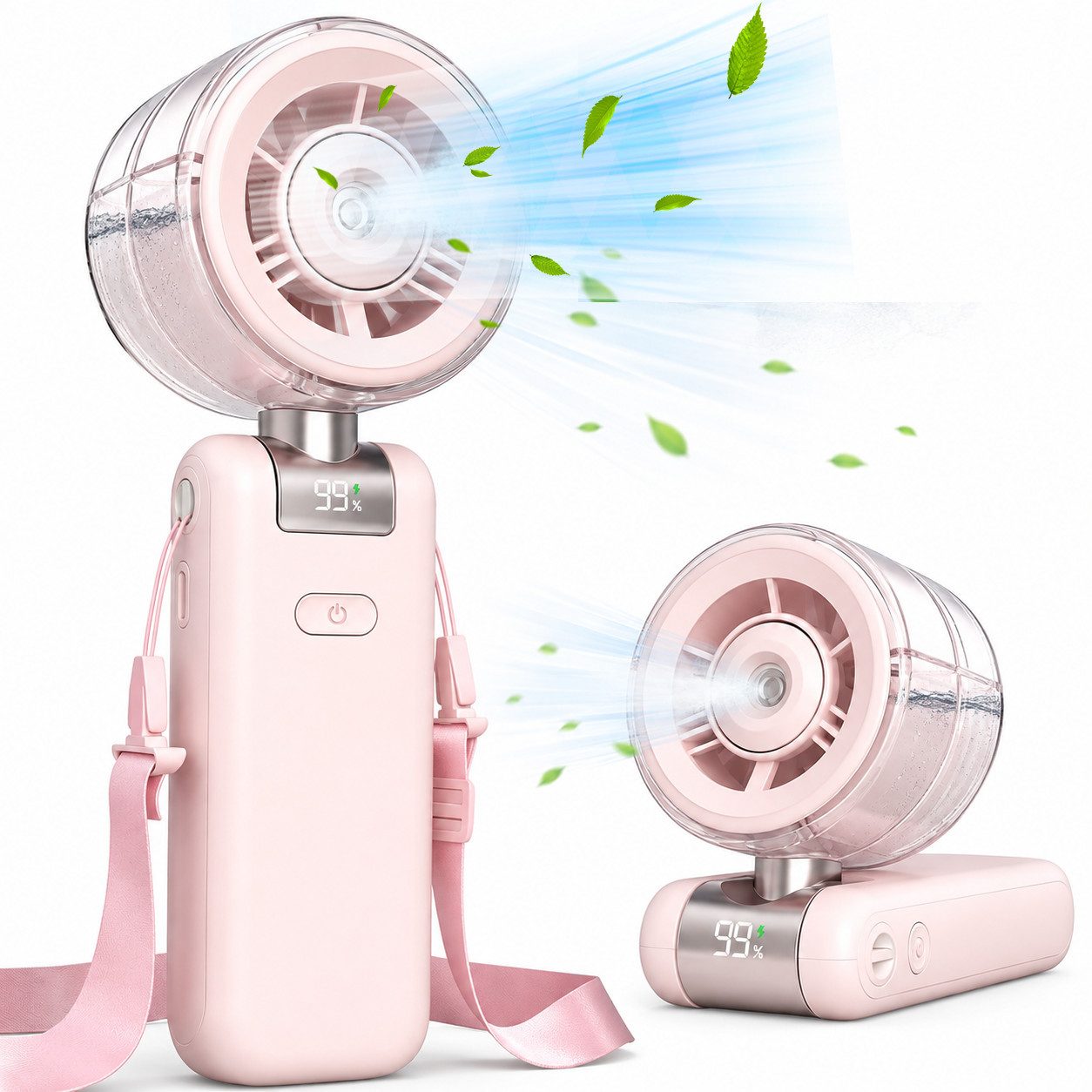 MOPUEA Handventilator Tischventilator Sprühventilator mini Ventilator faltbar 4000mAh, Handventilator mit Sprühnebel, wiederaufladbar, 5 Stufen LED Display