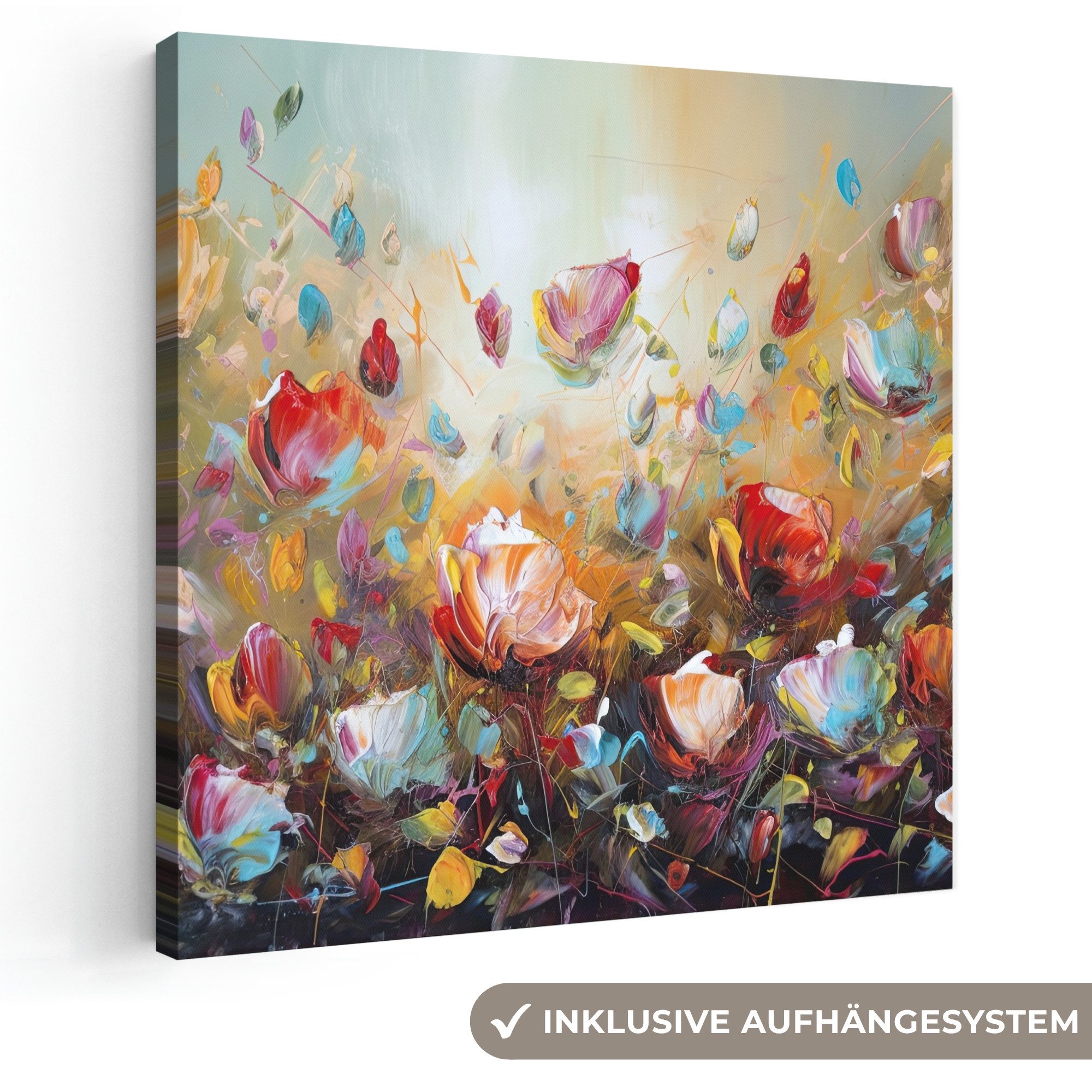 OneMillionCanvasses® Leinwandbild Blumen - Kunst - Natur - Ölfarbenoptik, Fotodruck (1 St), Wandbild, Deko Schlafzimmer Wohnzimmer Flur 20x20 cm