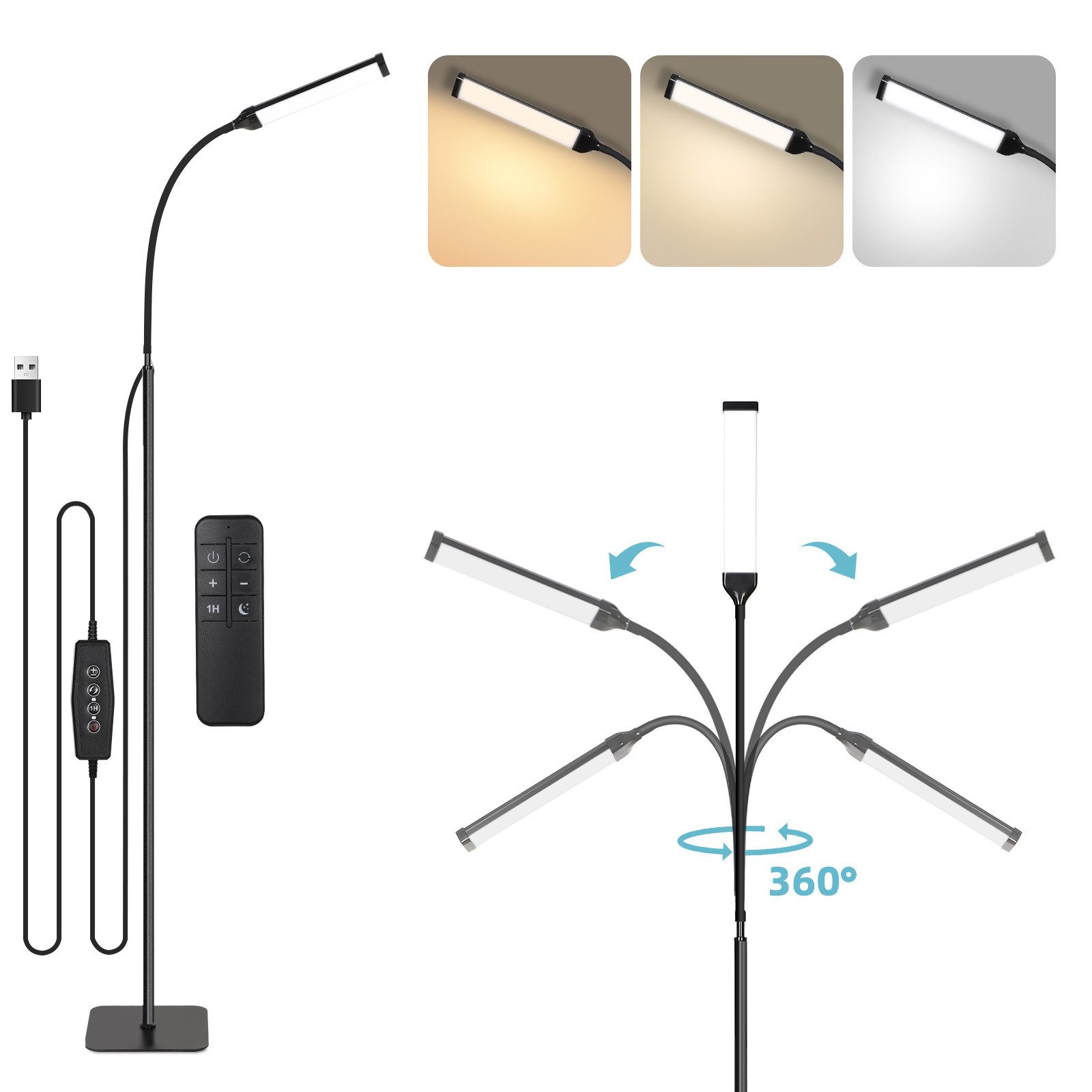 MUPOO Stehlampe LED Stehlampe Dimmbar,Stehleuchte Wohnzimmer, Helligkeit und Farbtemperatur Einstellbar + Höhenverstellbare, mit 3 Farbtemperaturen