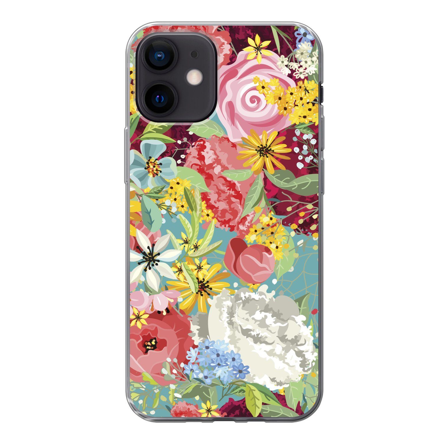 MuchoWow Handyhülle für Apple iPhone 12 Eine farbenfrohe Illustration mit Blumenmuster, Smartphone-Bumper, Print, Handy Schutzhülle Dünn