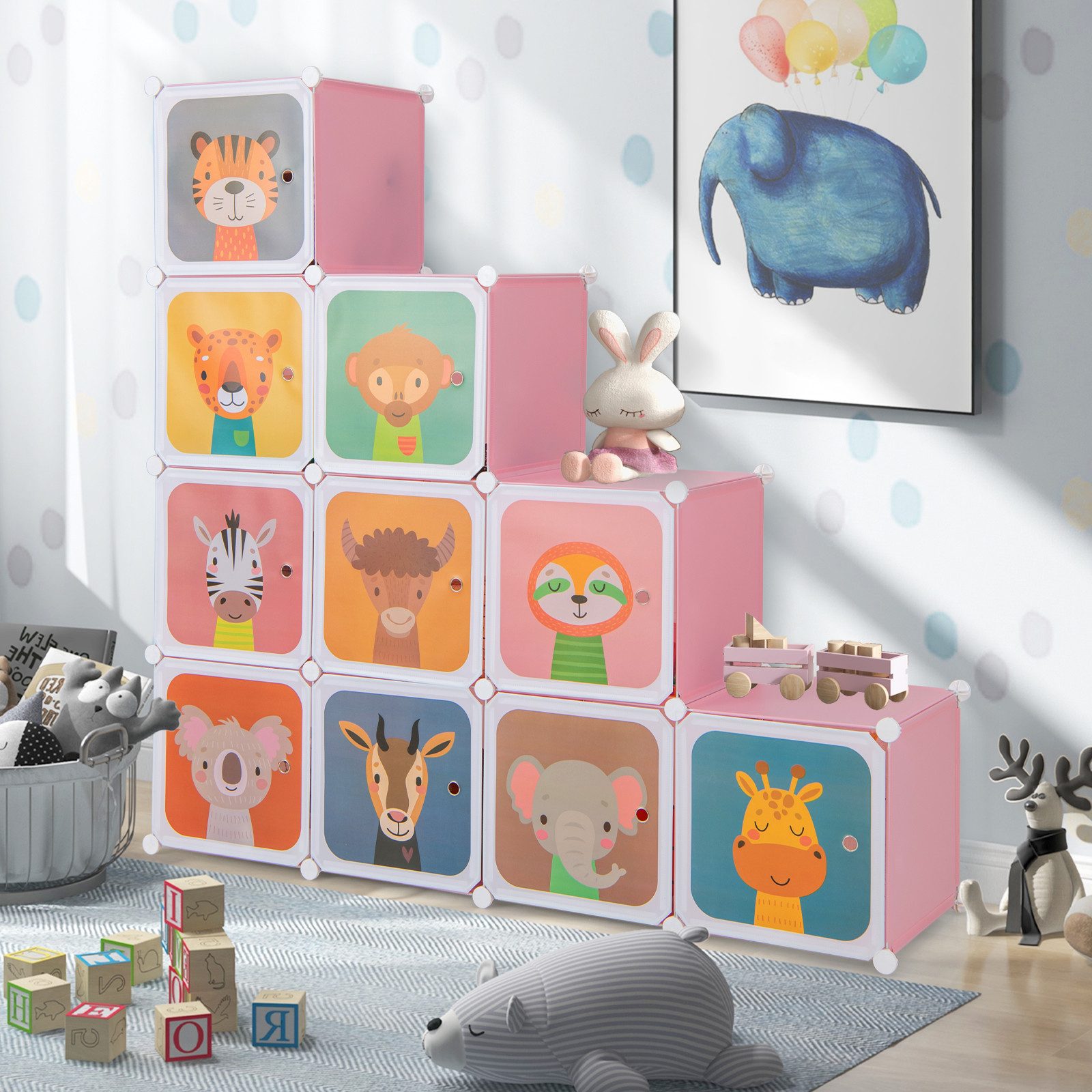 COSTWAY Kinderkleiderschrank mit 2 Kleiderstängen und 12 Würfeln, erweiterb günstig online kaufen