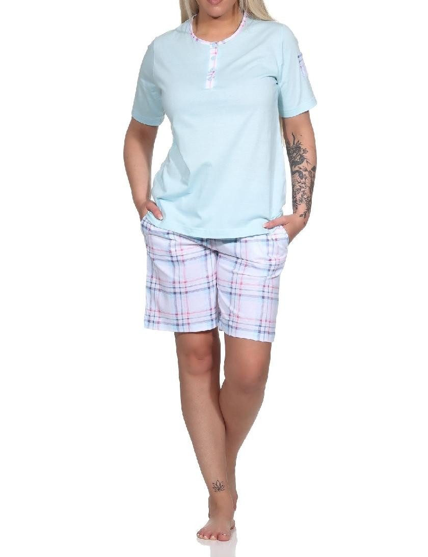 Pyjama Damen kurzarm Schlafanzug Shorty mit karierter Hose aus Jersey