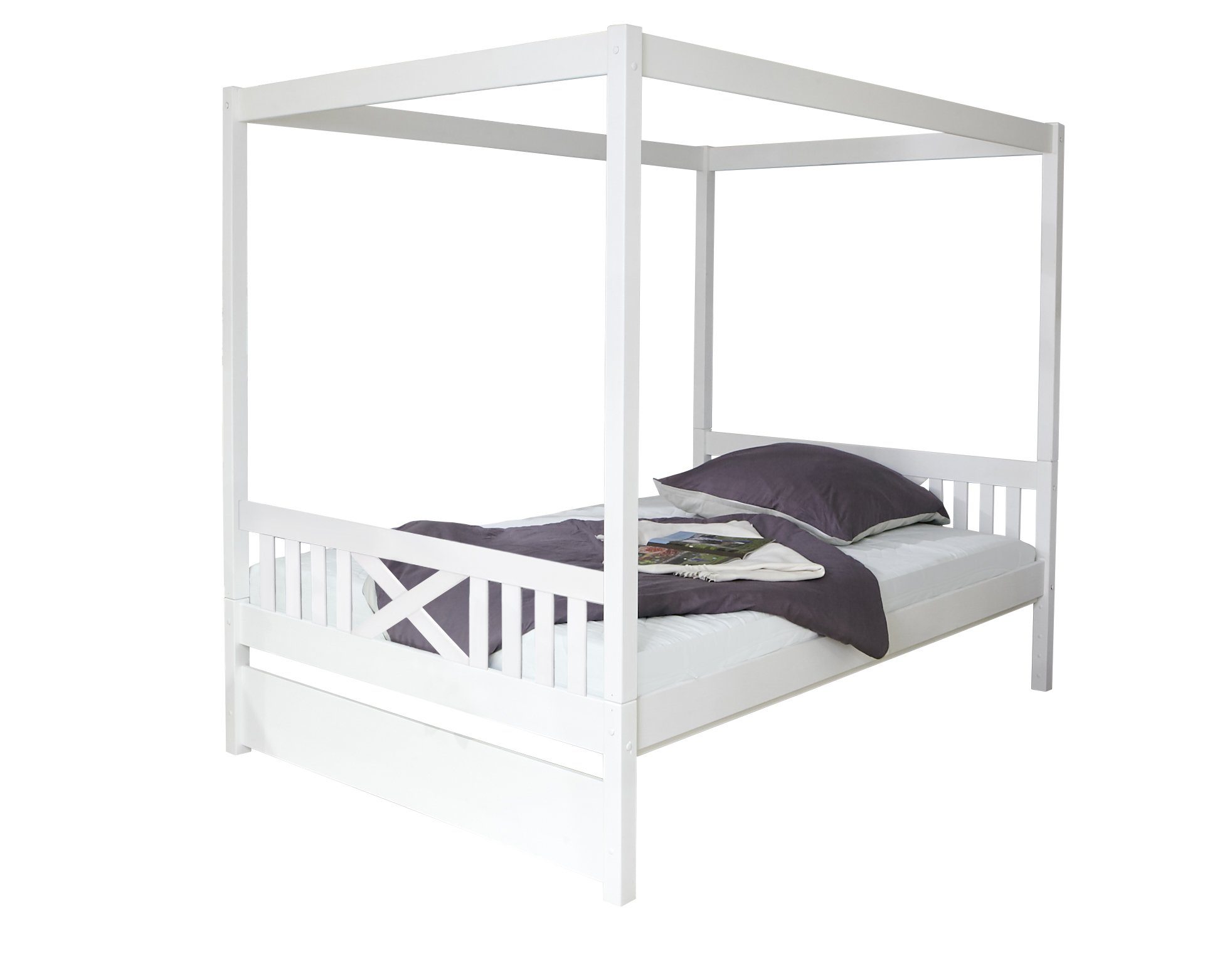 Ticaa Himmelbett Himmelbett Lino Kiefer Weiß 140x200, Oberer Teil abnehmbar und als Einzelbett stellbar