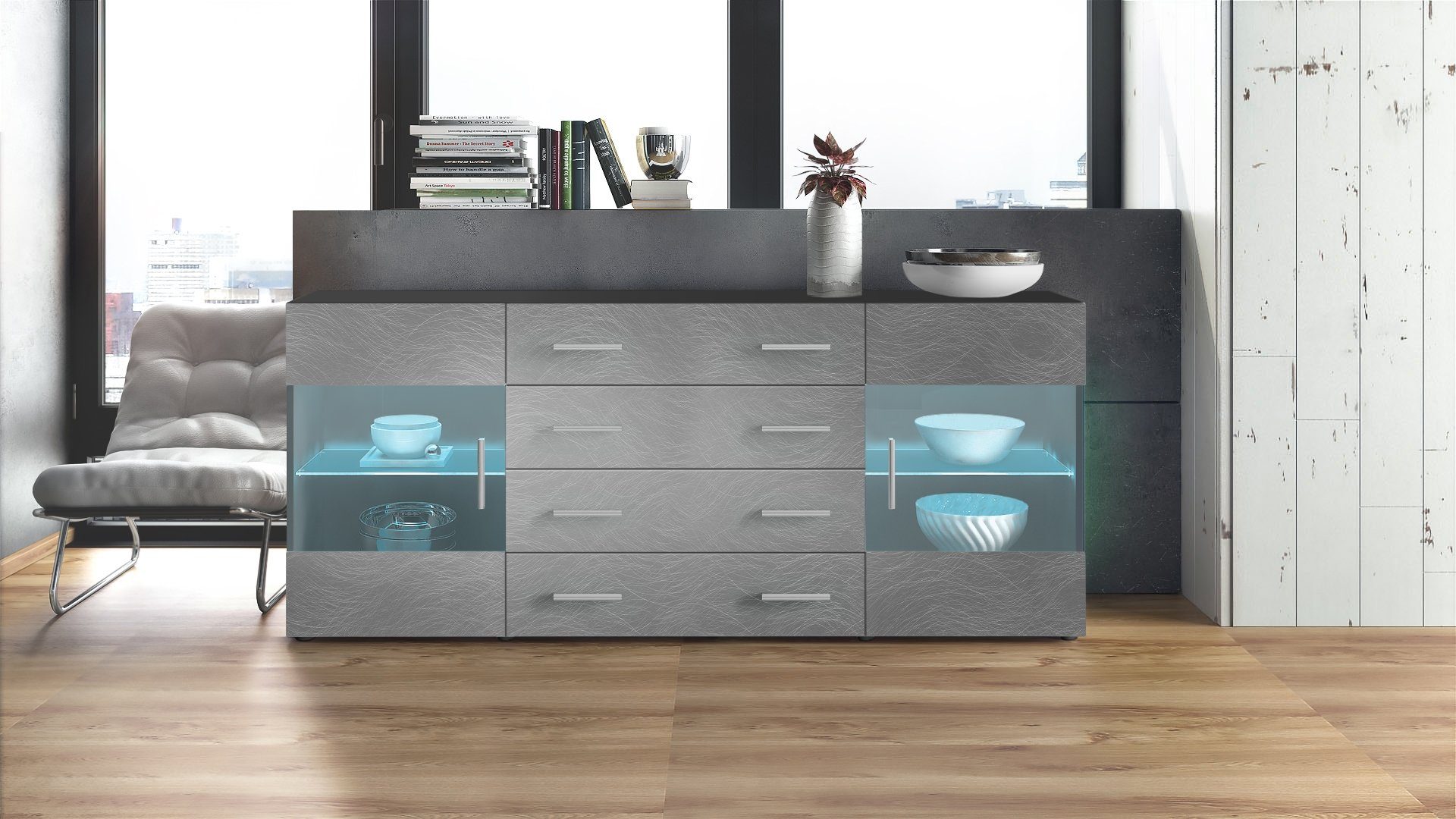 Vladon Sideboard Bari (Kommode mit 2 Türen 4 Schubladen und 2 flexible