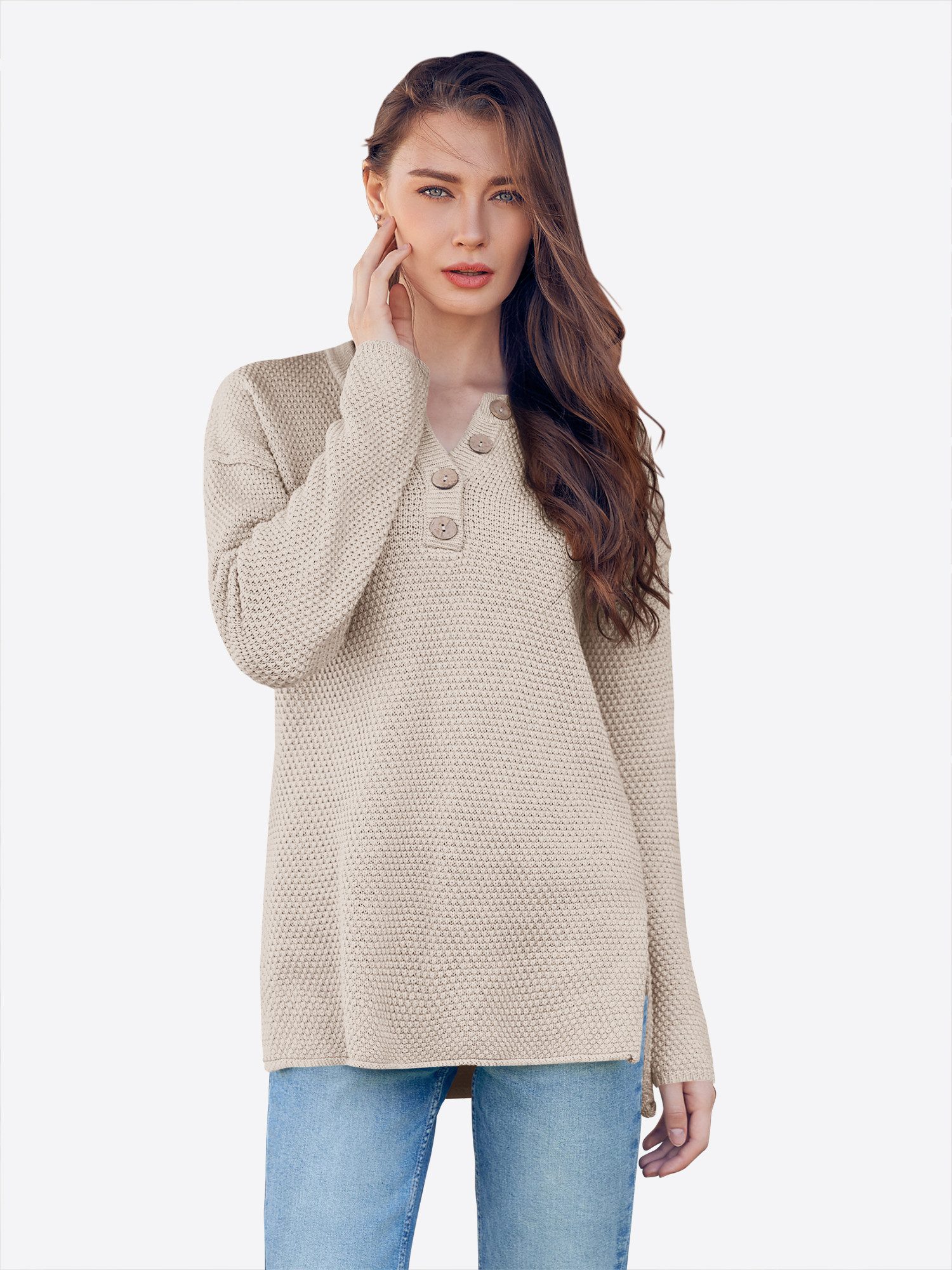 Imily Bela Sweater Damen Oversize Henley-Pullover mit V-Ausschnitt (Packung, 1-tlg., 1per-Pack) Baumwolle, Fledermausärmel