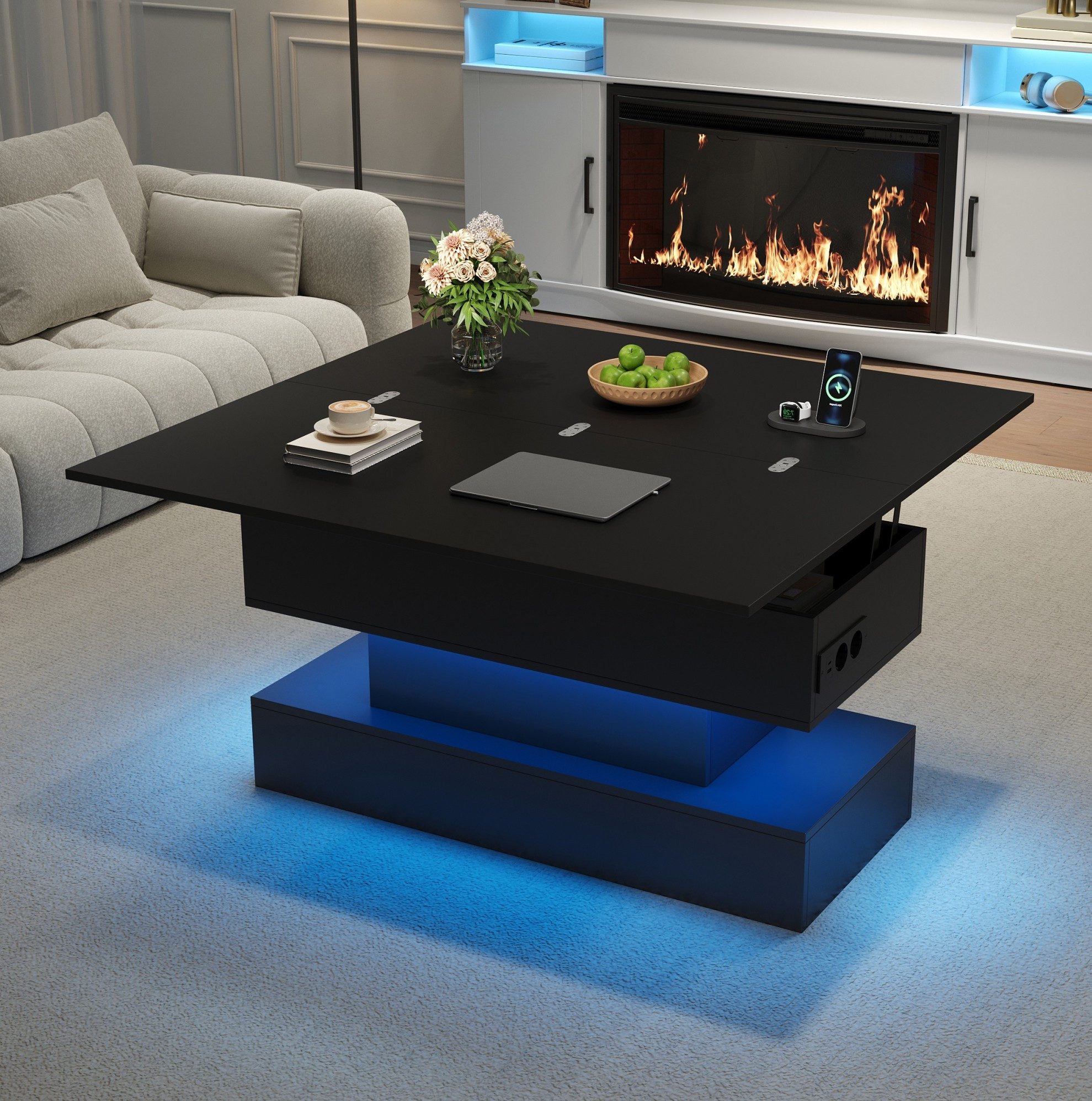 OKWISH Couchtisch Multifunktionstisch mit USB, Steckdose & LED (Packung, 1-St., Schwarz, 100×50×51,5 cm, für Wohnzimmer & Homeoffice), höhenverstellbar, ausklappbar, Stauraum