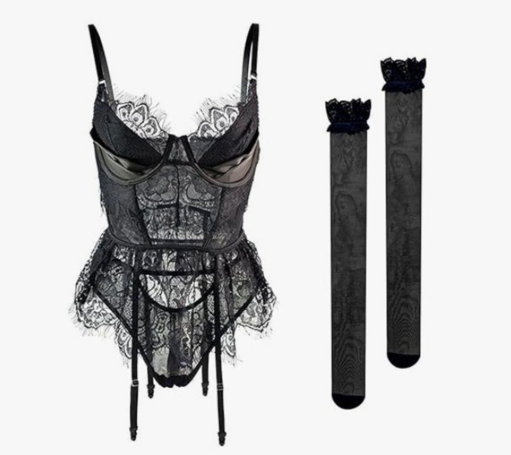 VOCTVTB Camisole-Spitze, sexy Damen-Dessous-Set mit Strumpfhose Strümpfe-Set 3-teiliges Schwarz