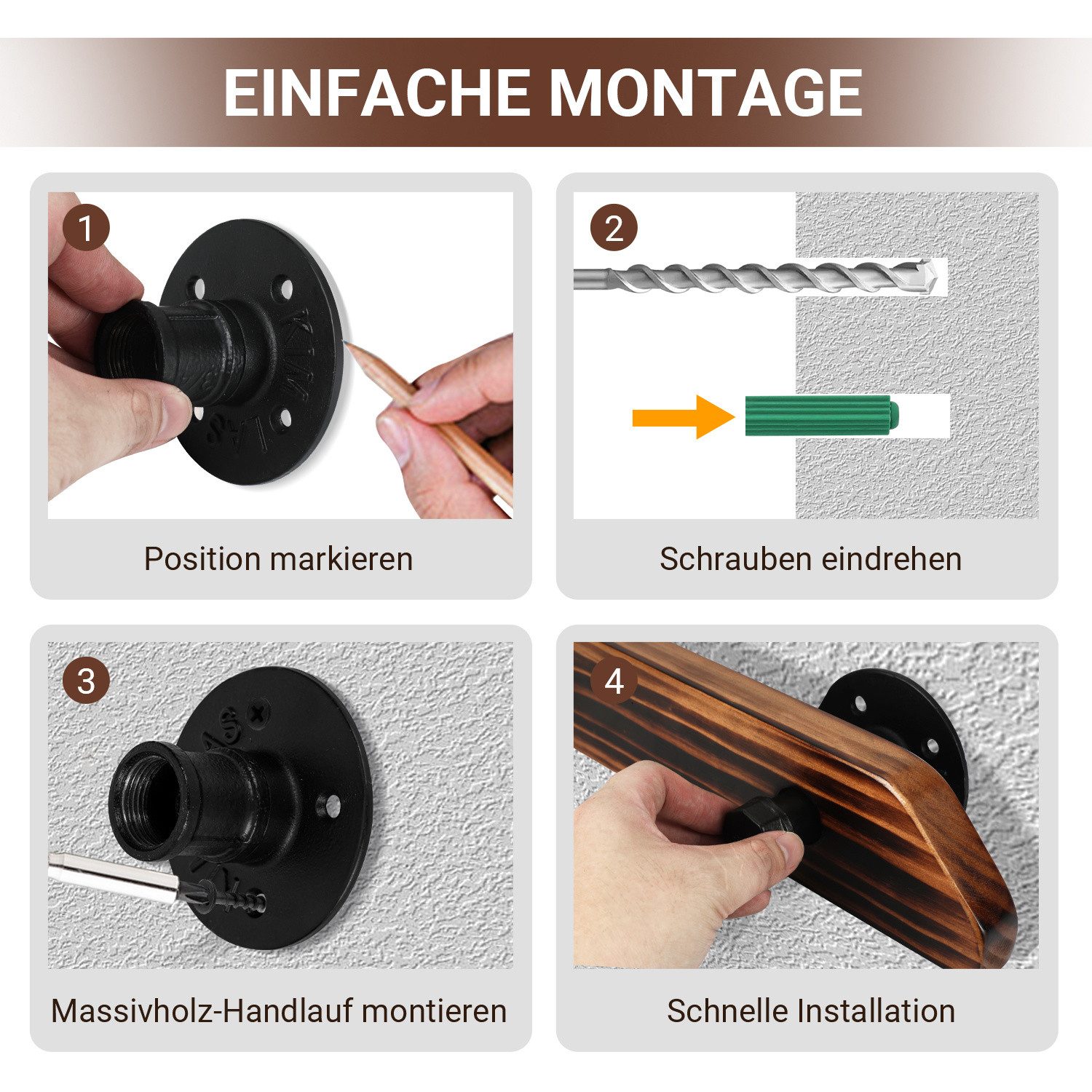 Clanmacy Handlauf Buche Handlauf 60cm Geländer mit 2 Halter Halterung verschiedene, 60 cm Gesamtlänge, (Wandhandlauf Wandhalterung Innen & Außen), Wandhandlauf  – Bild 5 von 5
