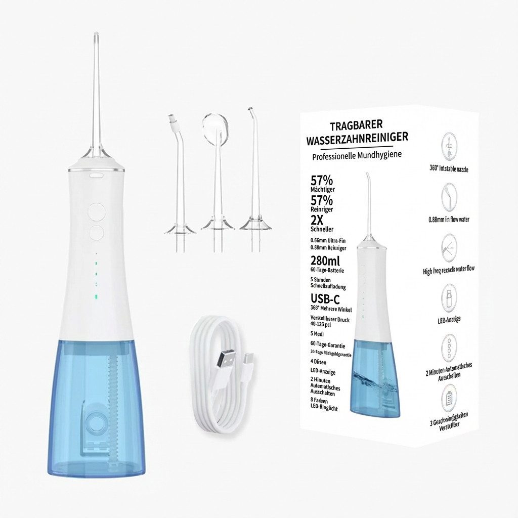 SWGOTA Munddusche Kabellos Zahnzwischenraum-Reiniger mit 4 Düsen,4 Modi, Aufsätze: 4 St., Zahndusche mit Ultraschall-Fluss,280ML,langer Akkulaufzeit
