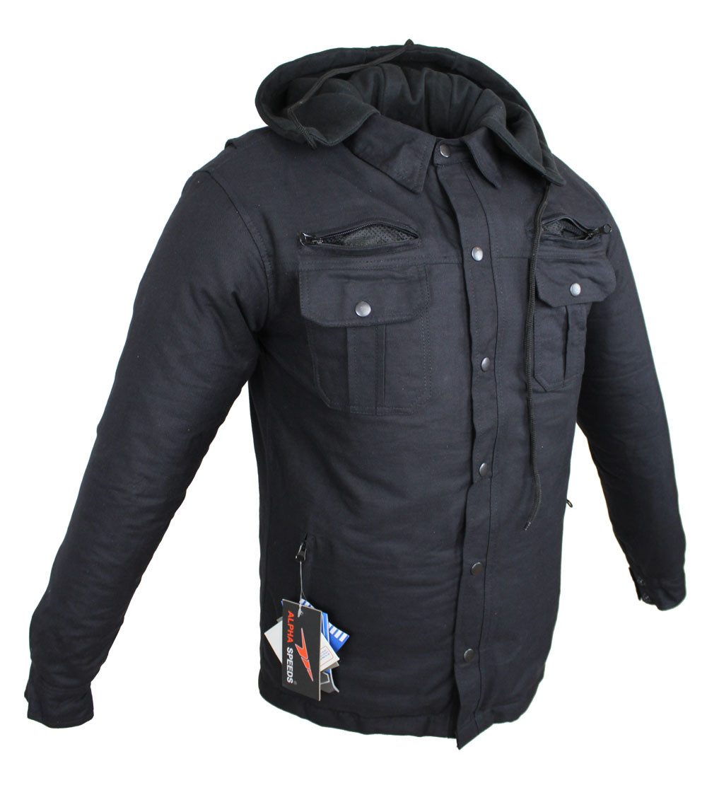 Alpha Speeds Motorradjacke Flanell-Holzfäller Motorrad KEV ARAMID Lumber-Biker Hemd PRO Schwarz (Wasserdicht & Winddicht & Atmungsaktiv + wasserdichte Reißverschlüsse) mit abnehmbare Kapuze & Innenjacke, All Season, inklusive Protektoren