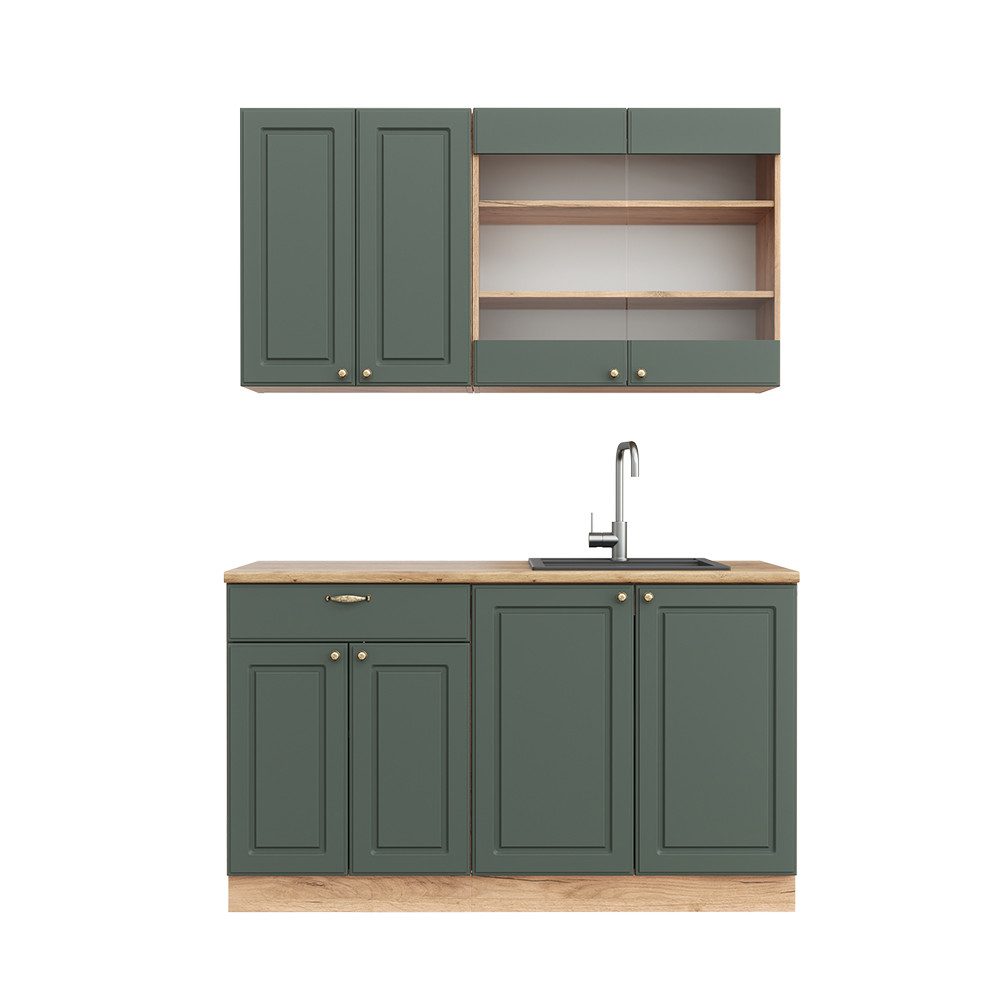 Vicco Küchenzeile Fame-Line, Grün-Gold Landhaus/Goldkraft Eiche, 140cm ohne AP