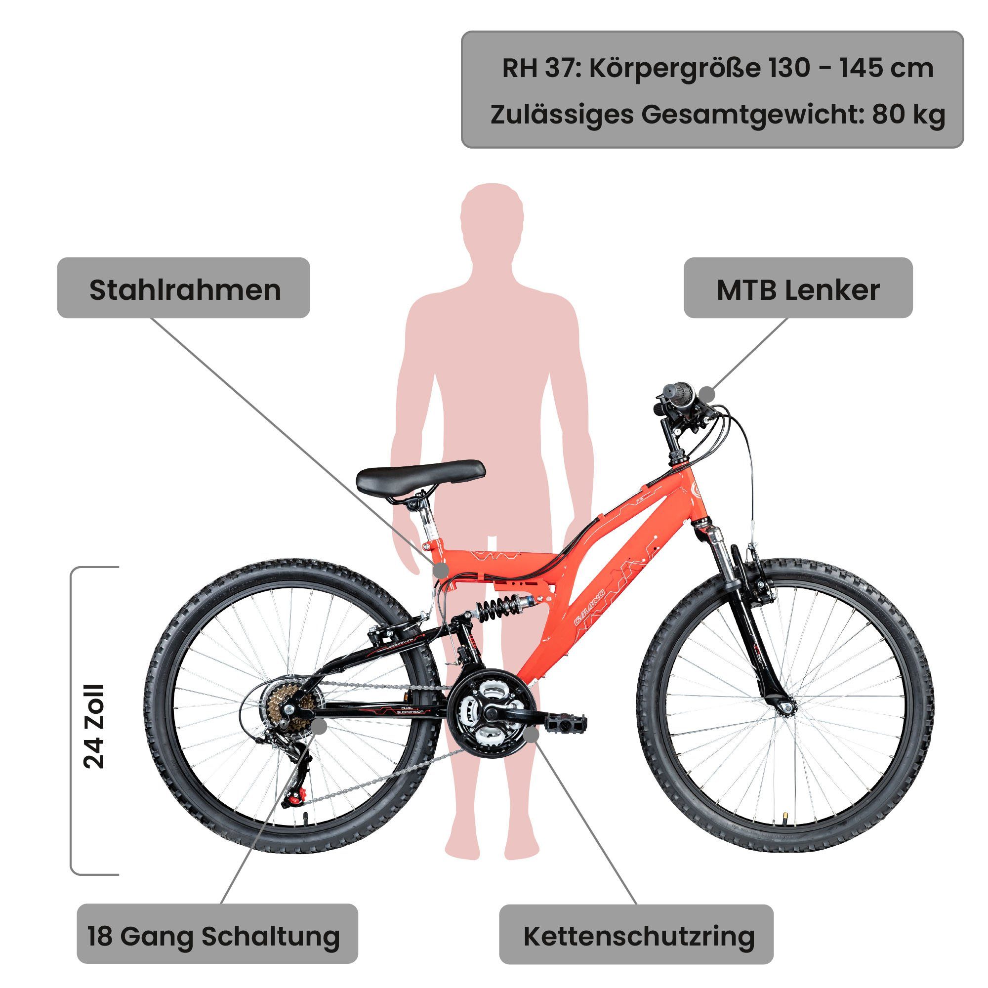 Thumbnail - Galano Mountainbike FS180, 18 Gang, Kettenschaltung, Jugendfahrrad ab 8 130-145 cm MTB Fully Fahrrad Mädchen Jungen