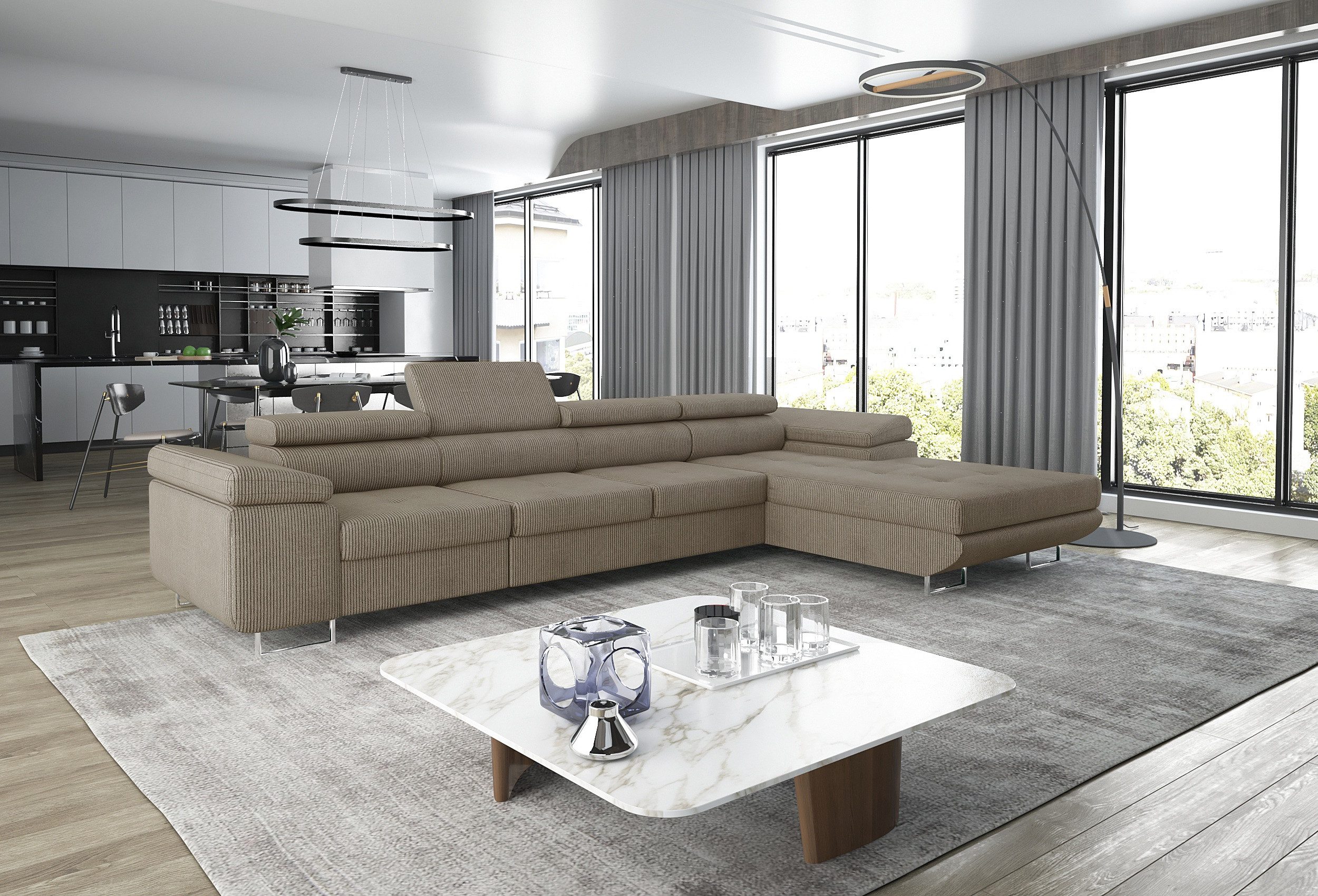 thematys Ecksofa ALVARO MAXI 355 x 204cm mit Schlaffunktion & Bettkasten –, L-Sofa mit 4 verstellbaren Kopfstützen, Samt (Monolotith), oder Cord (Poso) - L-Form, XL-Wohnlandschaft, 355 cm breit