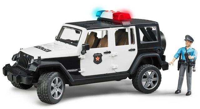 Image of Bruder Jeep Wrangler Rubicon Police vehicle with police officer and accessories