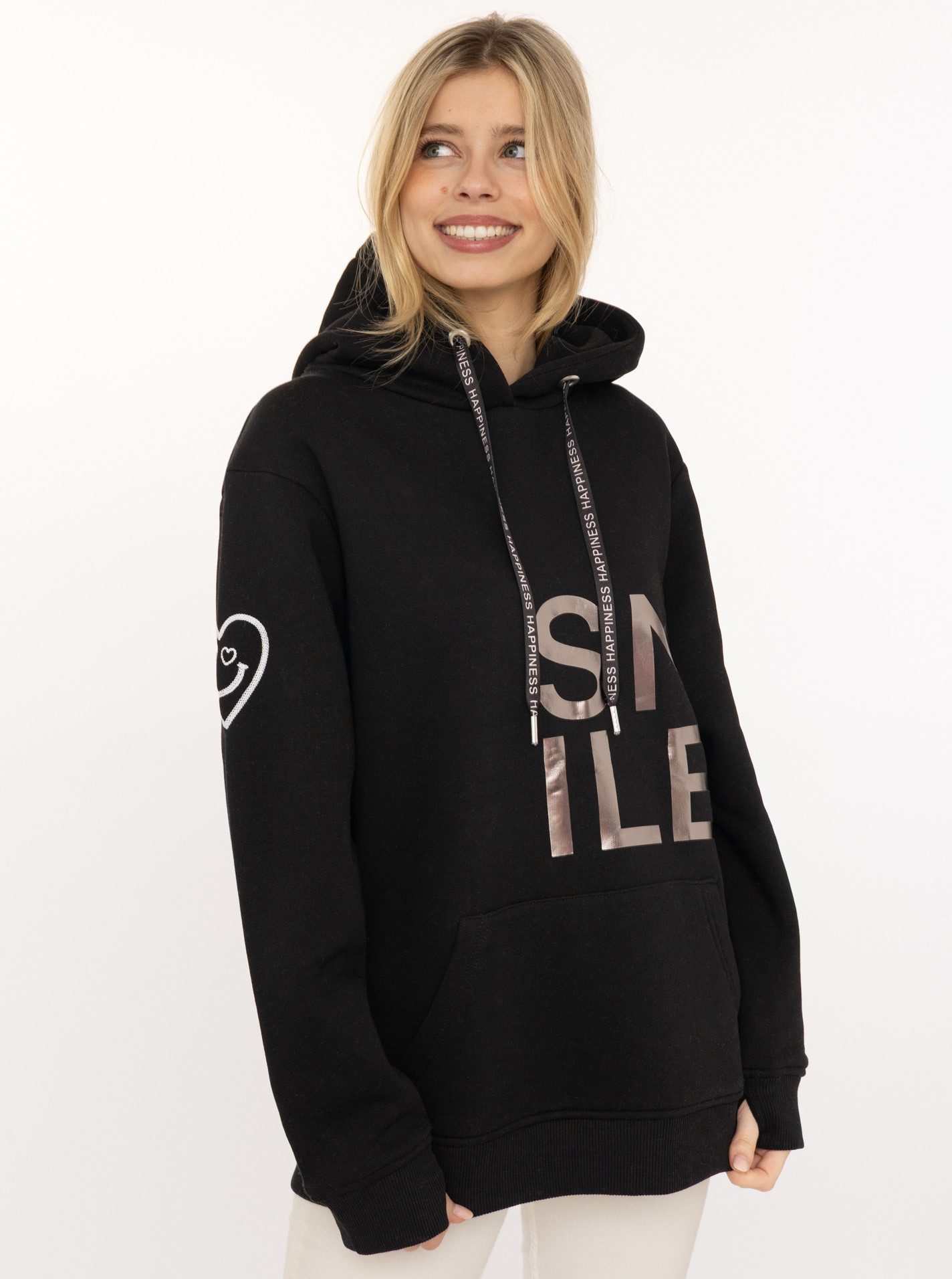 Zwillingsherz Hoodie "Alissa Shiny" glänzender Print, Daumenloch, Kordel, gesticktes Herz am Ärmel