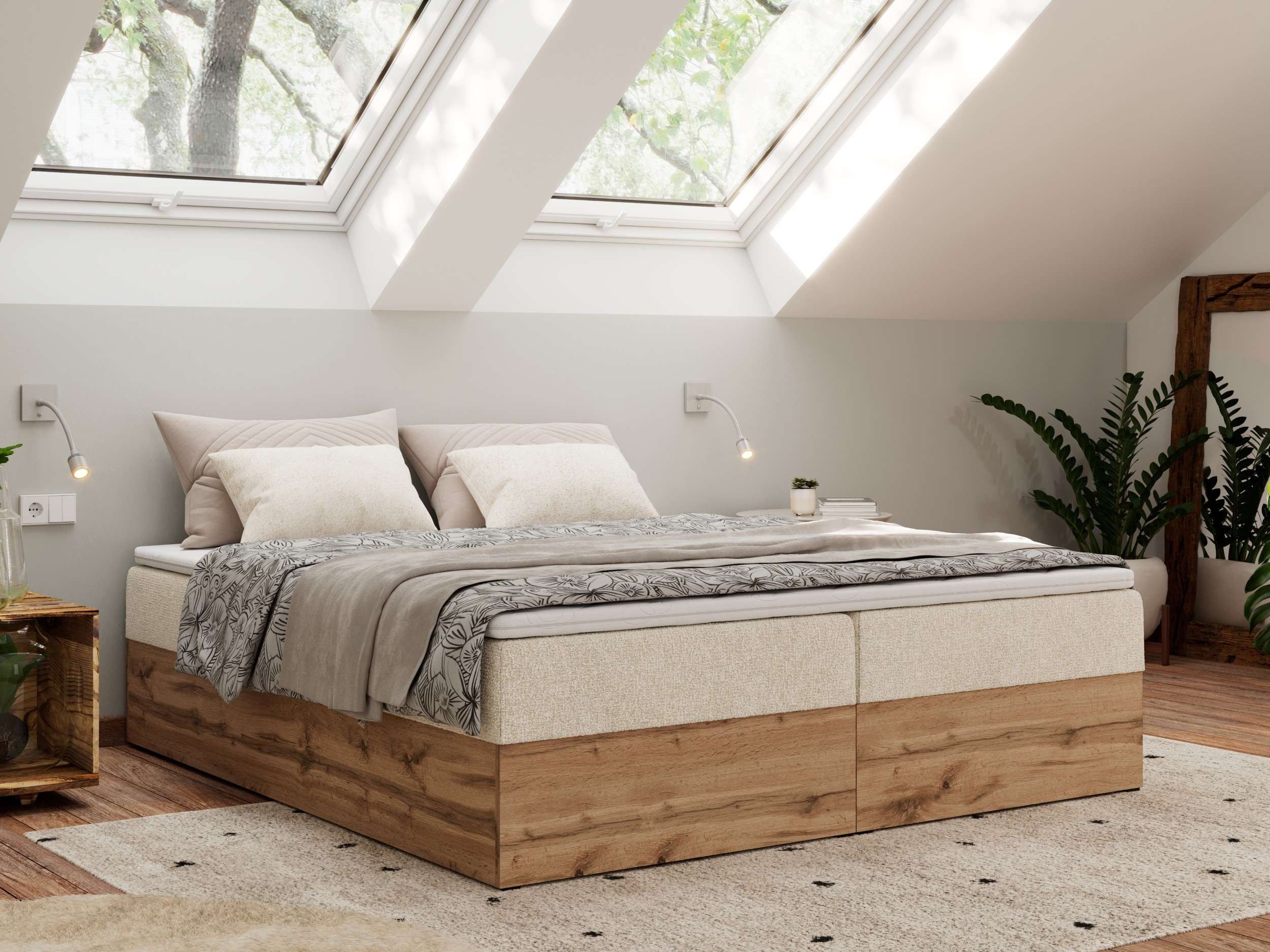 MKS MÖBEL Boxbett WOOD ZERO (Boxspringbett - Set, Bett, Polsterbett mit integrierten Matratzen, 2 Bettkästen, H3/H4), Topper T25 oder Visco optional, ohne Kopfteil