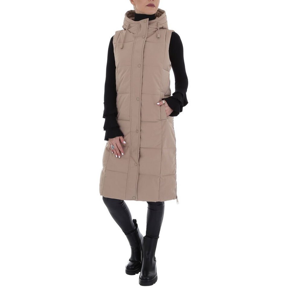 Ital-Design Steppweste Damen Freizeit Kapuze Gefüttert Winterjacke in Beige