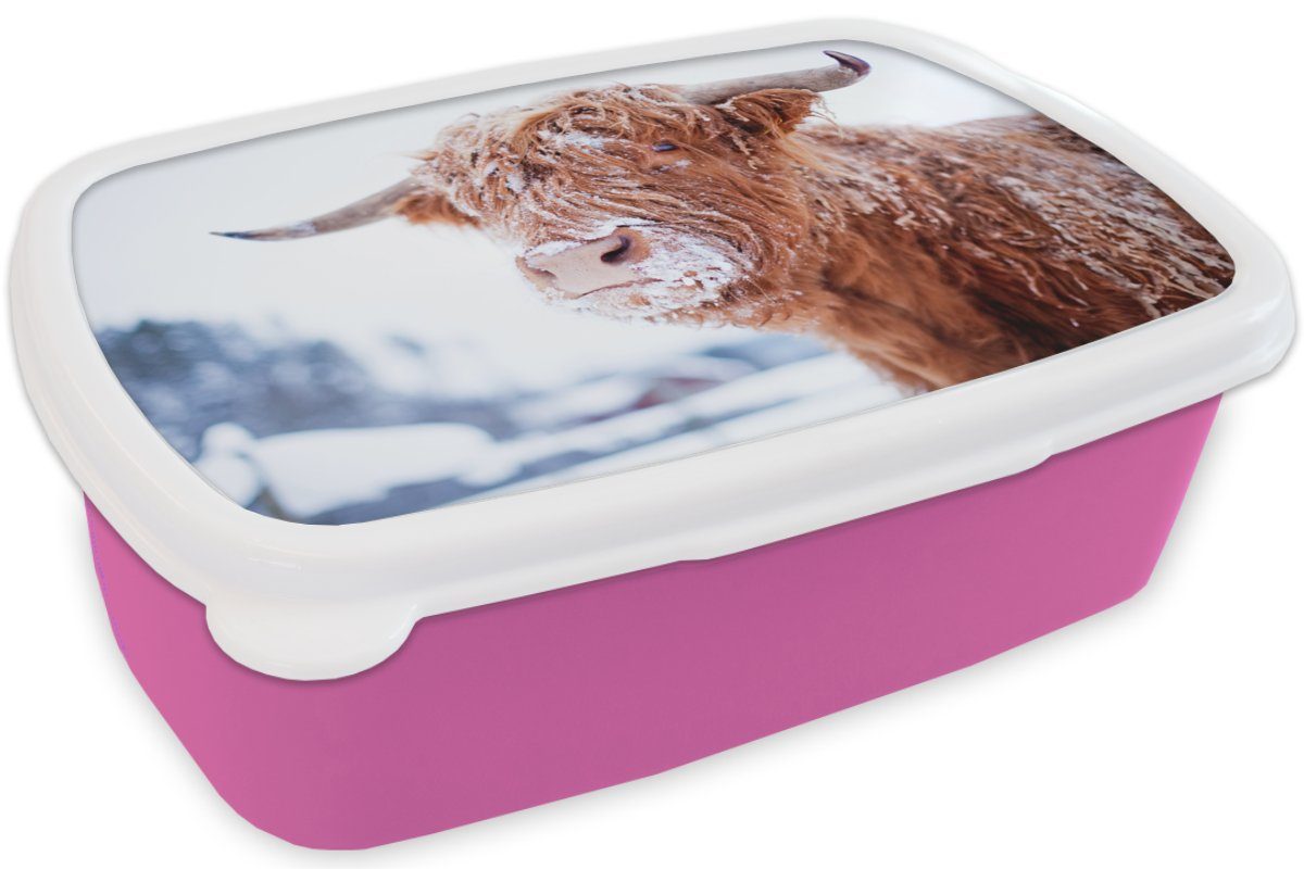 MuchoWow Lunchbox Schottischer Hochländer (2-tlg), Schnee Kinder, Snackbox, Brotdose - Erwachsene, Mädchen, Brotbox Winer, Kunststoff, für Kunststoff - rosa