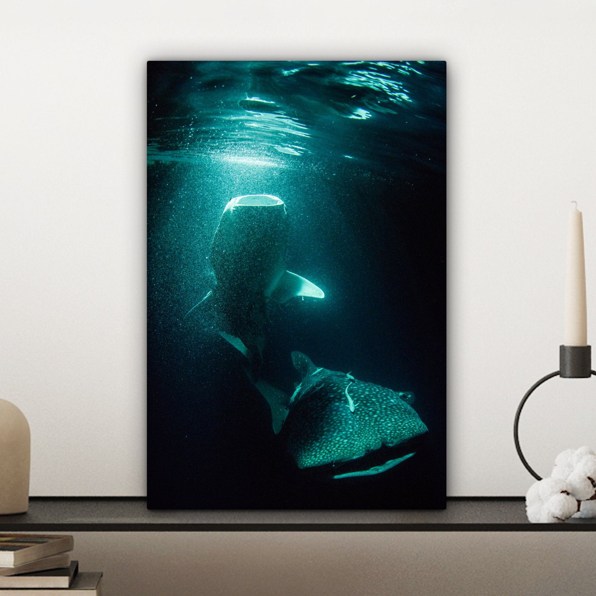 Leinwandbild im fertig 20x30 Leinwandbild Ein Zackenaufhänger, grünen St), Walhai bespannt (1 Licht, cm OneMillionCanvasses® inkl. Gemälde,
