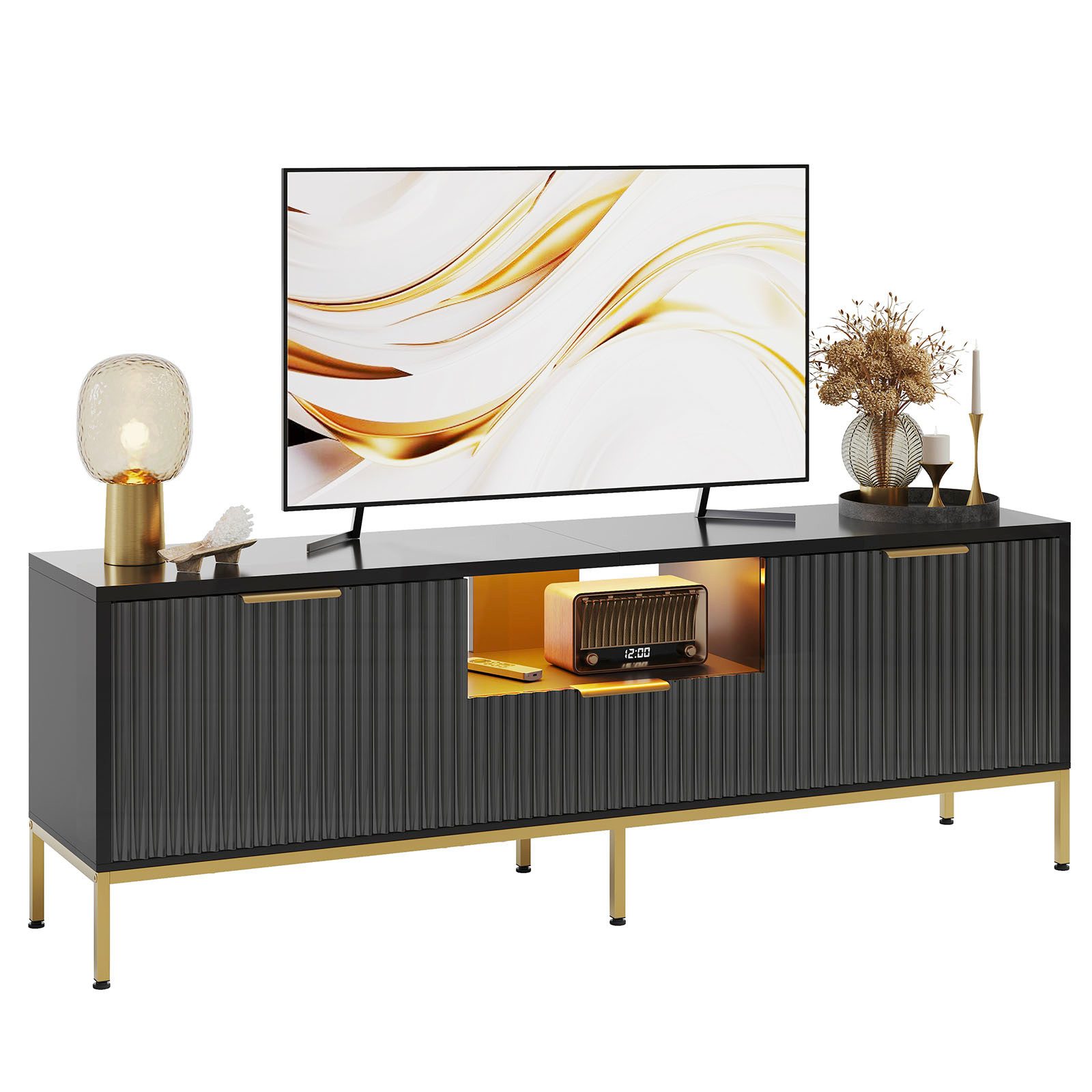 Bestier TV-Schrank TV-Schrank Lowboard für 65 Zoll & kleinere TVs, 144.8 x 35 x 54 cm Türfront mit glänzendem Wellenmuster und Schubladen