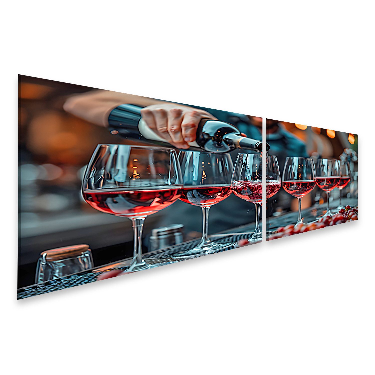 Leinwandbild Eine Person füllt eine Reihe Weingläser mit edlem Rotwein auf dem Wand