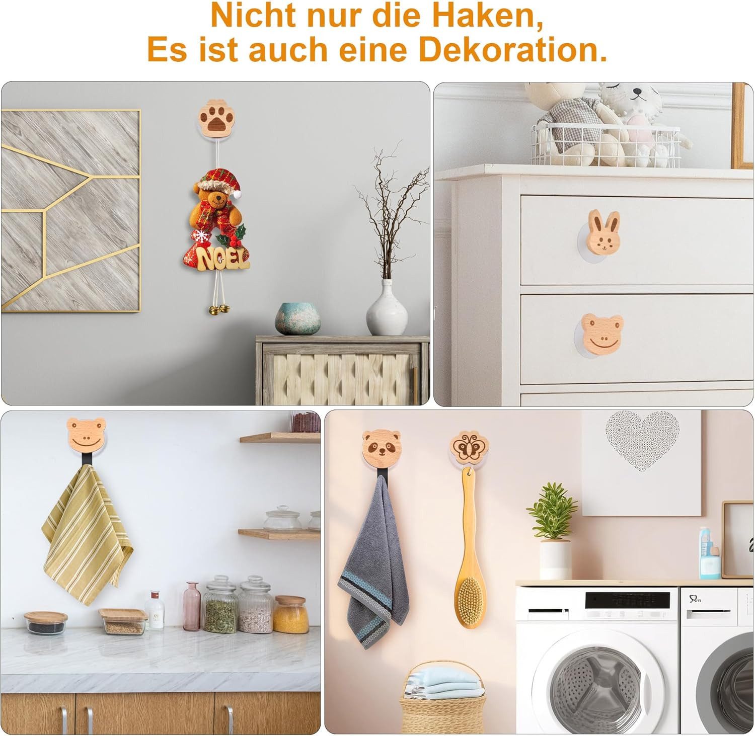 BlingBin Kleiderhaken 5pcs Holz Kleiderhaken Kinder Selbstklebender Wandhaken in Tiere-Form, Türen, Wand, (5 Stück, 5-St., 5pcs), Garderobenhaken Kleiderhaken W – Bild 5 von 5