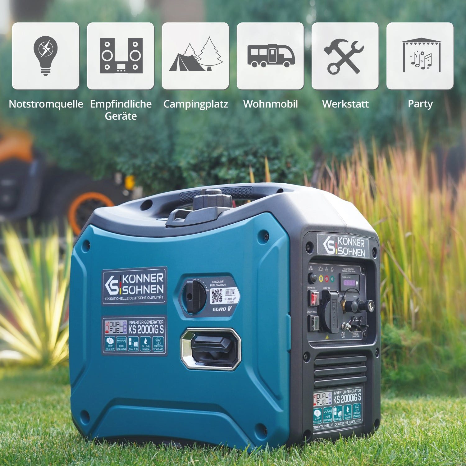 Könner & Söhnen KS 2000iG S generator, 2.00 kW, (Super quiet hybrid inverter (LPG/petrol), 1-piece, 2.0 kW, 62 dB(A), ECO mode for 50% fuel savings), Pure sine wave, 19 kg, Parallel connection, EURO V
