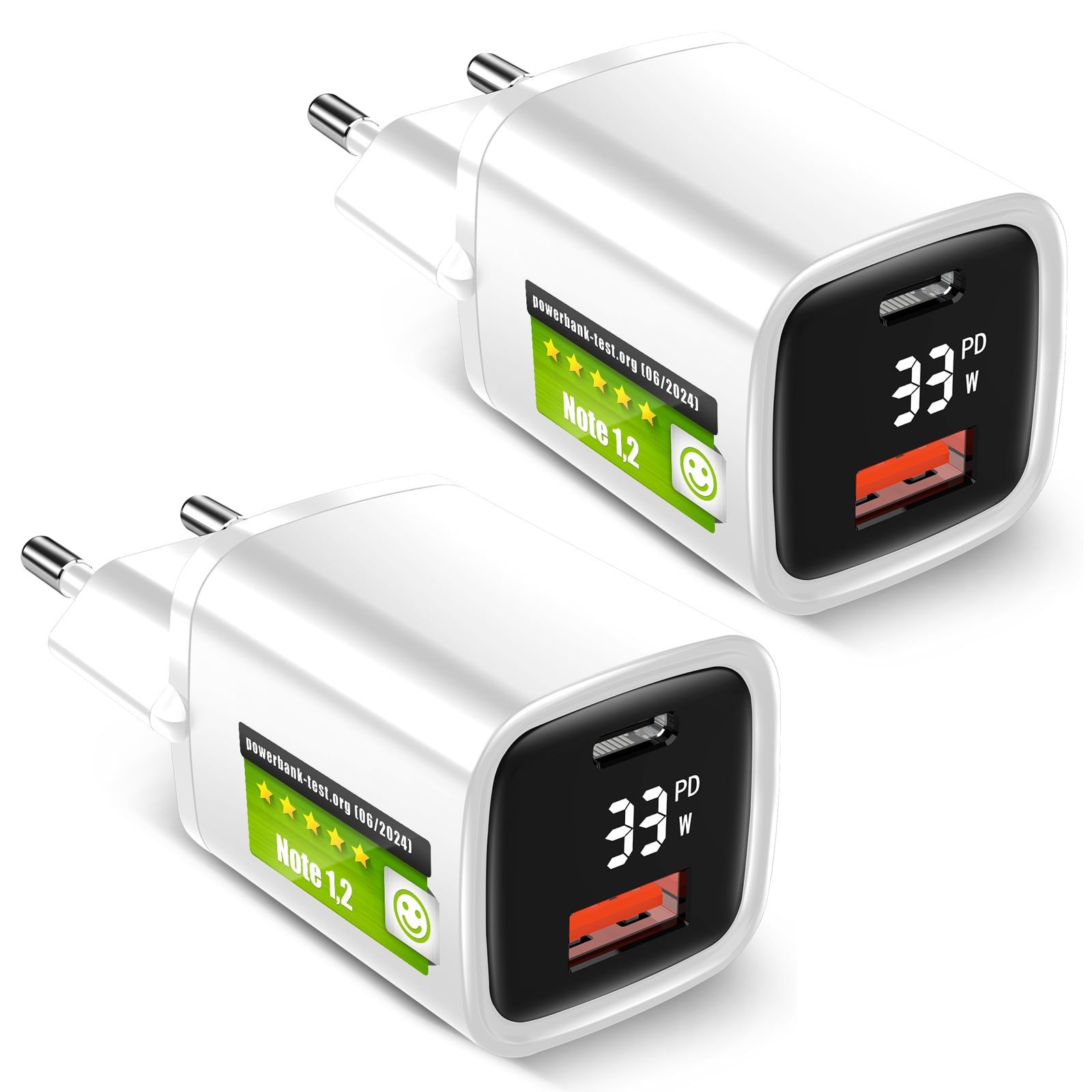 EAXUS 33 Watt USB-A + USB-C Netzteil mit Schnellladefunktion und Display USB-Ladegerät (4000,00 mA, 2-tlg., optional inkl. Schnellladekabel, USB Power Delivery + QC4.0 Schnellladung, zeigt Ladegeschwindigkeit)