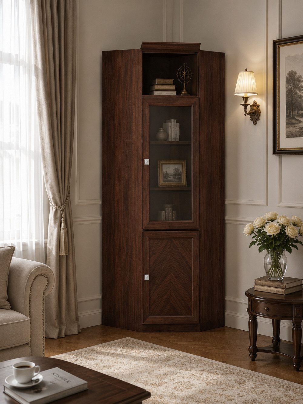 JVmoebel Eckvitrine Eckvitrine aus Holz mit mehreren Fächern und elegantem Design (Eckvitrine) Made in Europa
