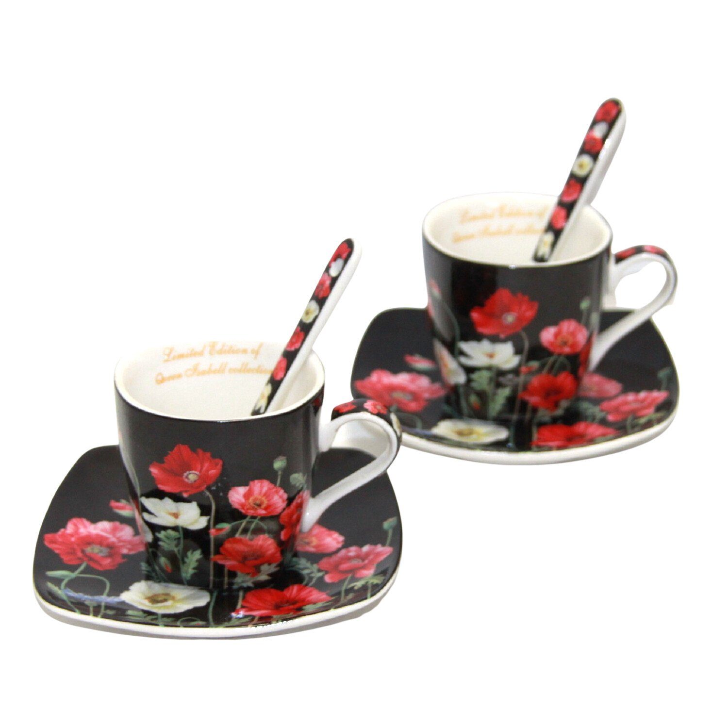 Isabell Queen Porzellanset schwarz Espressotasse, Mohnblumenmuster Espressotassen