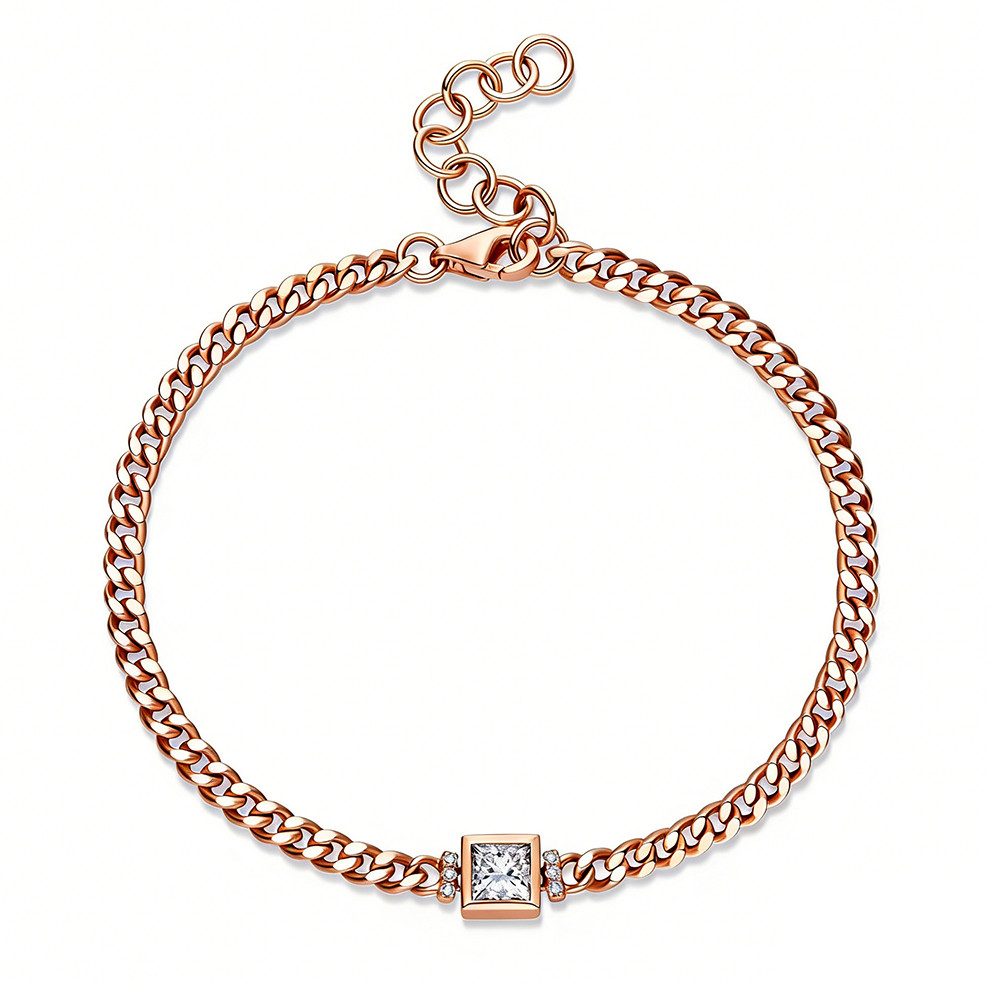 Sternvoll Armkette IGI zert. Cuban Armband 0.59 ct Diamanten 750 Gold, IGI-Zertifikat, Princess-Cut Hauptstein, Massive Panzerkette (Cuban)