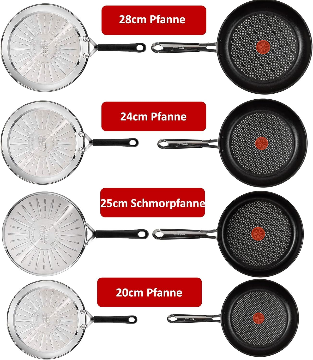 Tefal Pfannen-Set Jamie Oliver E76 Pfannenset 20,24,28cm + Schmorpfanne mit Deckel 25cm, Edelstahl 18/10 (Pfanne, Bratpfannen Set, Pfannenset, Wok, Wokpfanne, Schmorpfanne, Pfannen + 1 Wender & Schoner Antihaftbeschichtet Pfannenset mit Deckel), ohne Fett / Öl braten