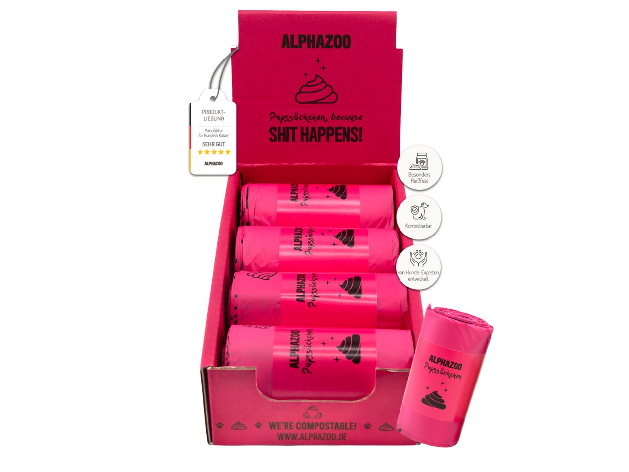 ALPHAZOO Hundekotbeutel Pupssäckchen Kotbeutel Pink 120 Stück, Kompostierbare Kotbeutel Hunde