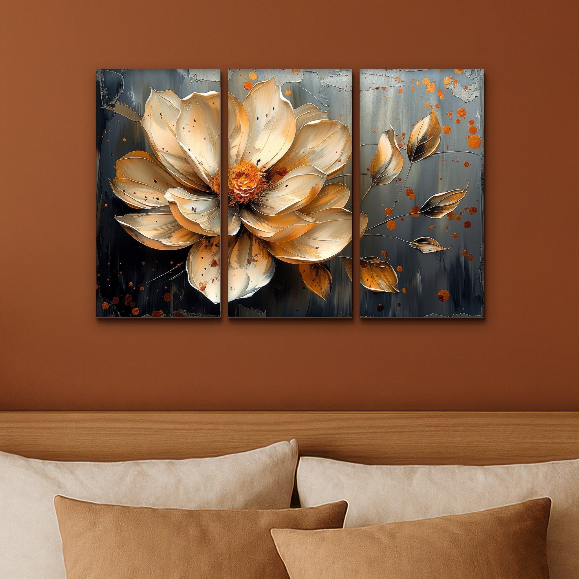 MuchoWow Leinwandbild Blume - Gold - Abstrakt - Farbe, Fotodruck (3 St), Wand Bilder 3 Set, Deko Schlafzimmer Wohnzimmer Flur 60x40 cm – Bild 4 von 5