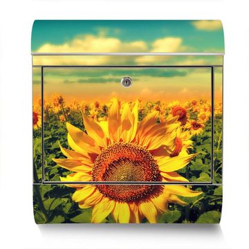 banjado Wandbriefkasten Edelstahl Sonnenblumen (Wandbriefkasten groß, mit Zeitungsfach), 38 x 42,5 x12cm