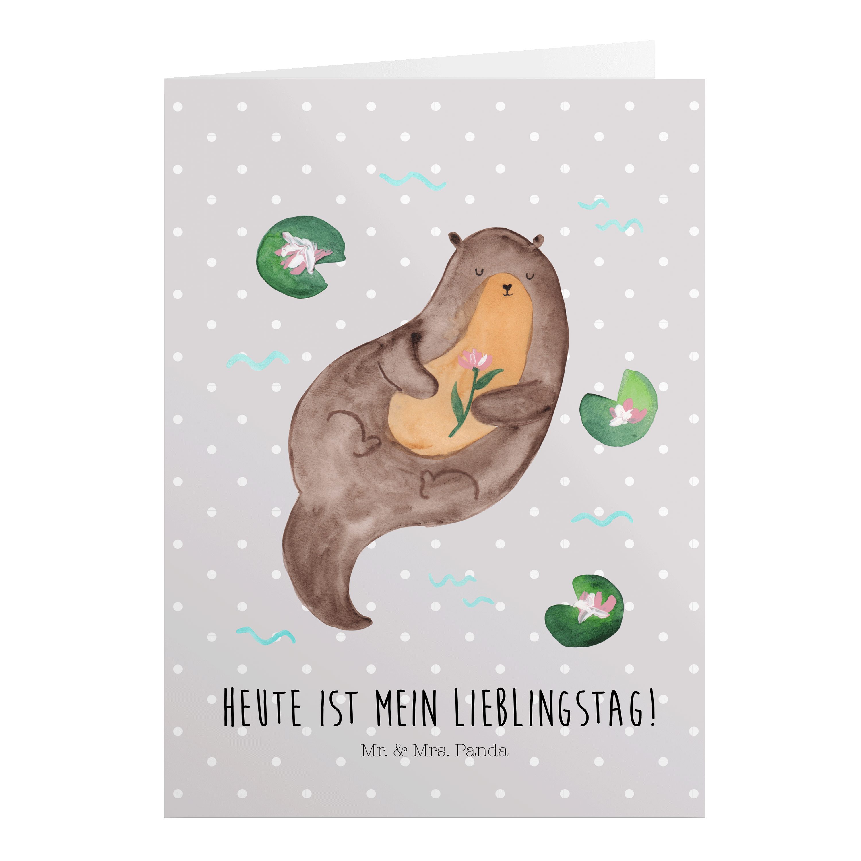 Mr. & Mrs. Panda Grußkarte Otter mit Seerose - Grau Pastell - Geschenk, Seeotter, Wasser, Einlad | Grußkarten