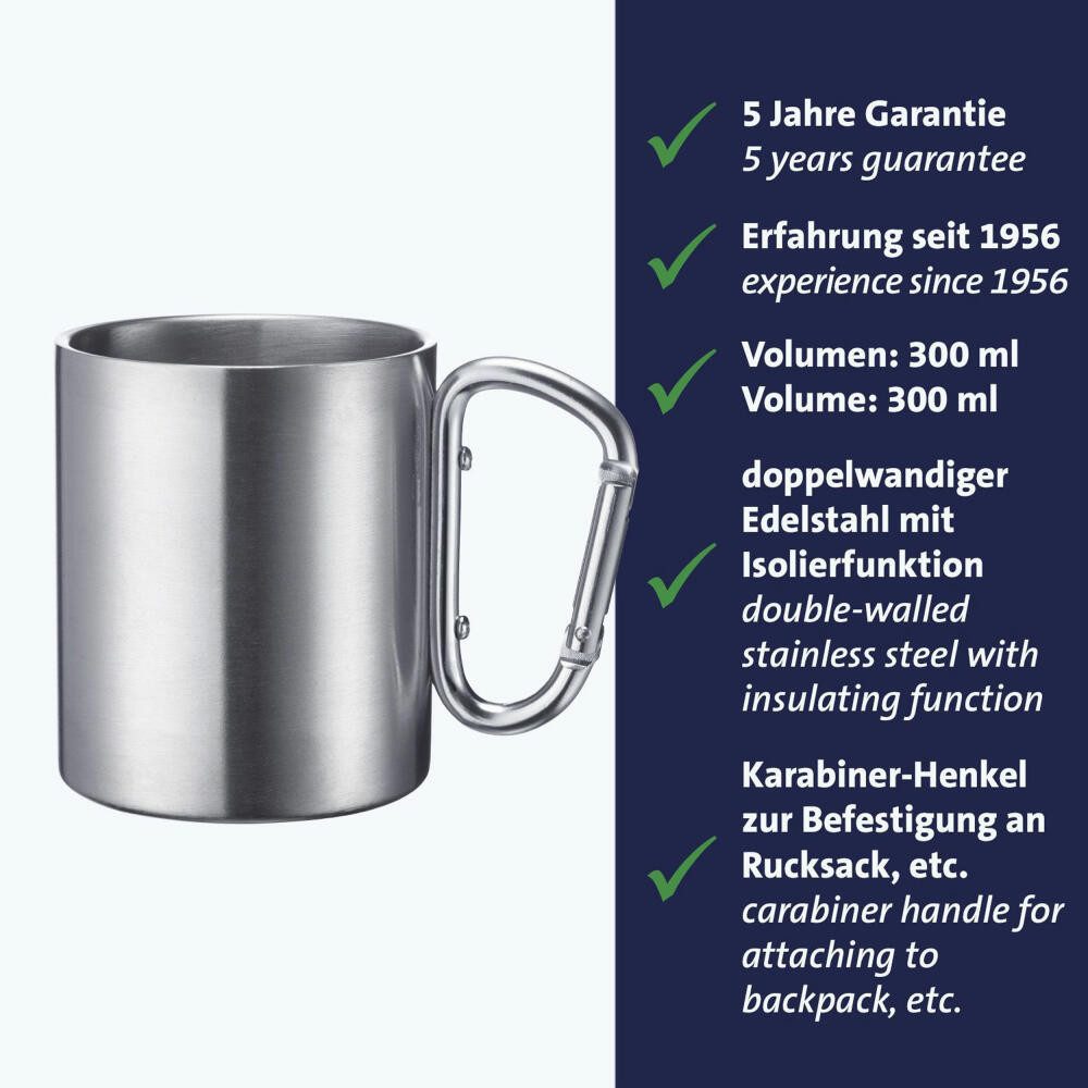 WESTMARK Becher / Edelstahltasse mit Karabinerhaken – praktische Camping-Tasse, 300, Rostfreier Edelstahl
