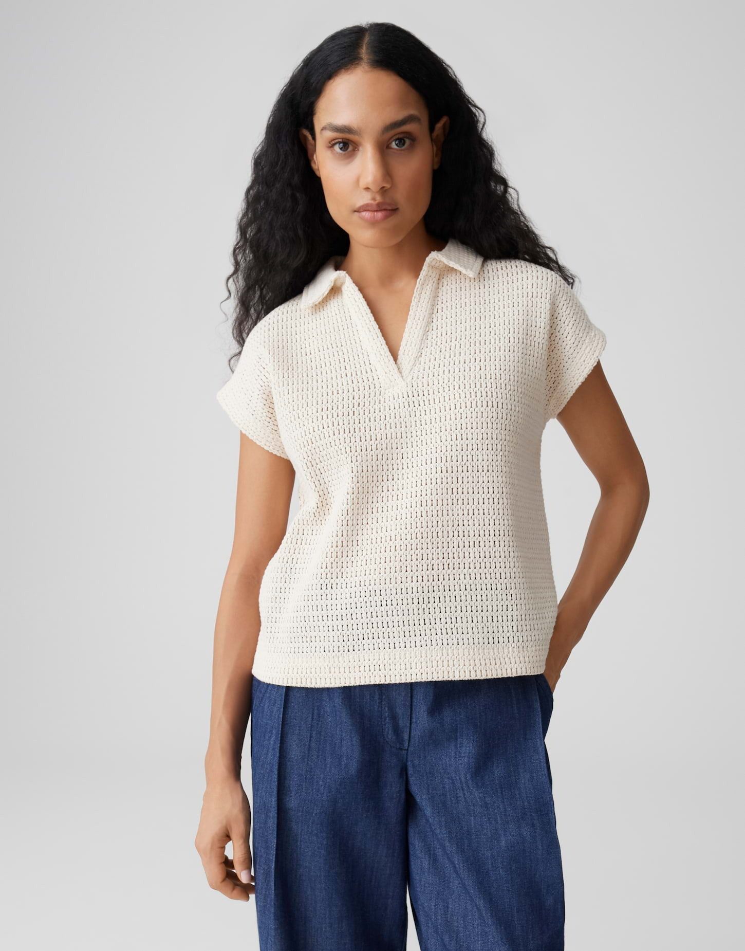 OPUS Poloshirt Somona aus Jersey mit Crochet Optik Lochstrickmuster, leichte Transparenz, weicher Griff, Casual