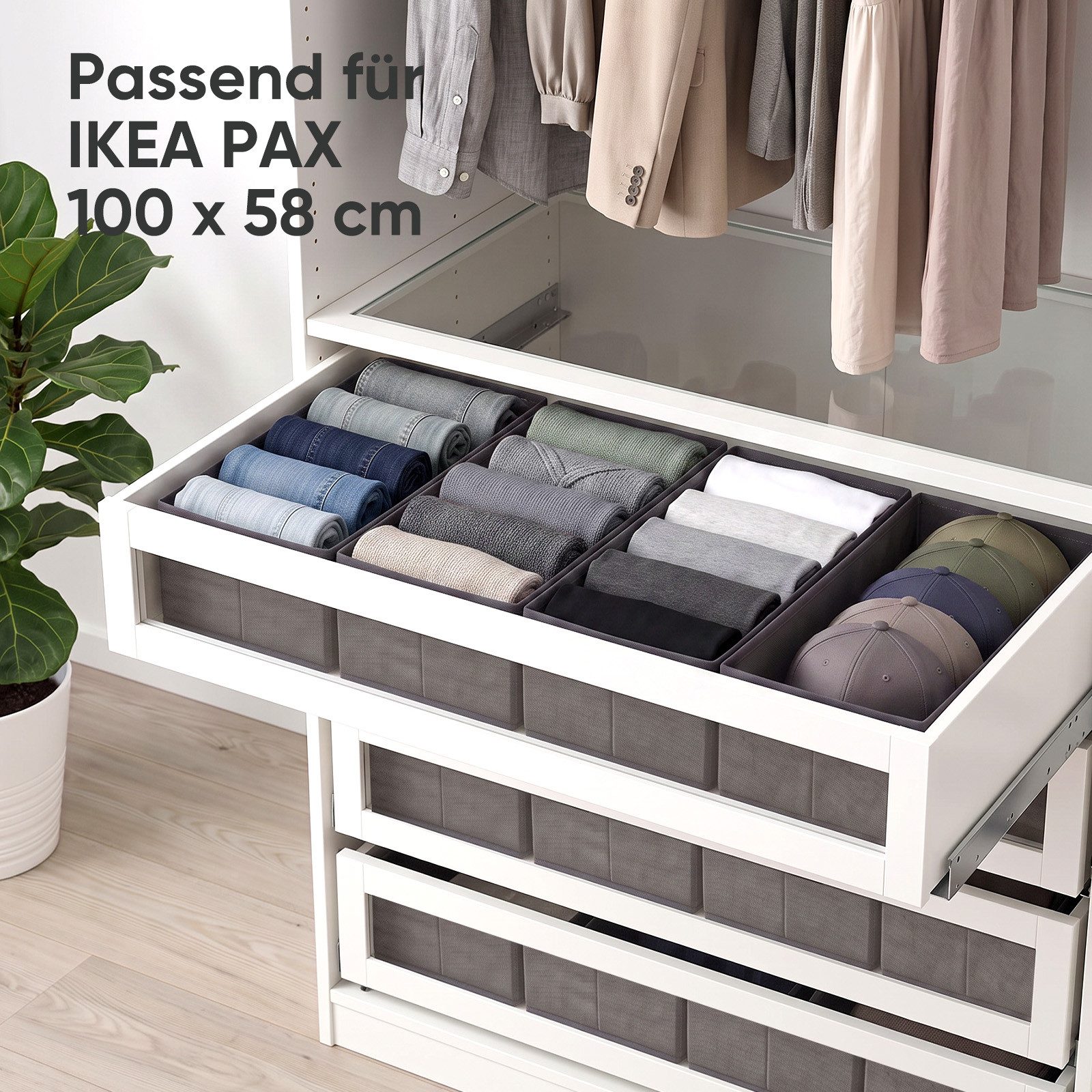 Sekey Aufbewahrungsbox Schubladen Organizer aus Vliesstoff – faltbare Aufbewahrungsboxen, 4er-Set für PAX 100, 22 × 51 × 11 cm, ohne Trennfächer