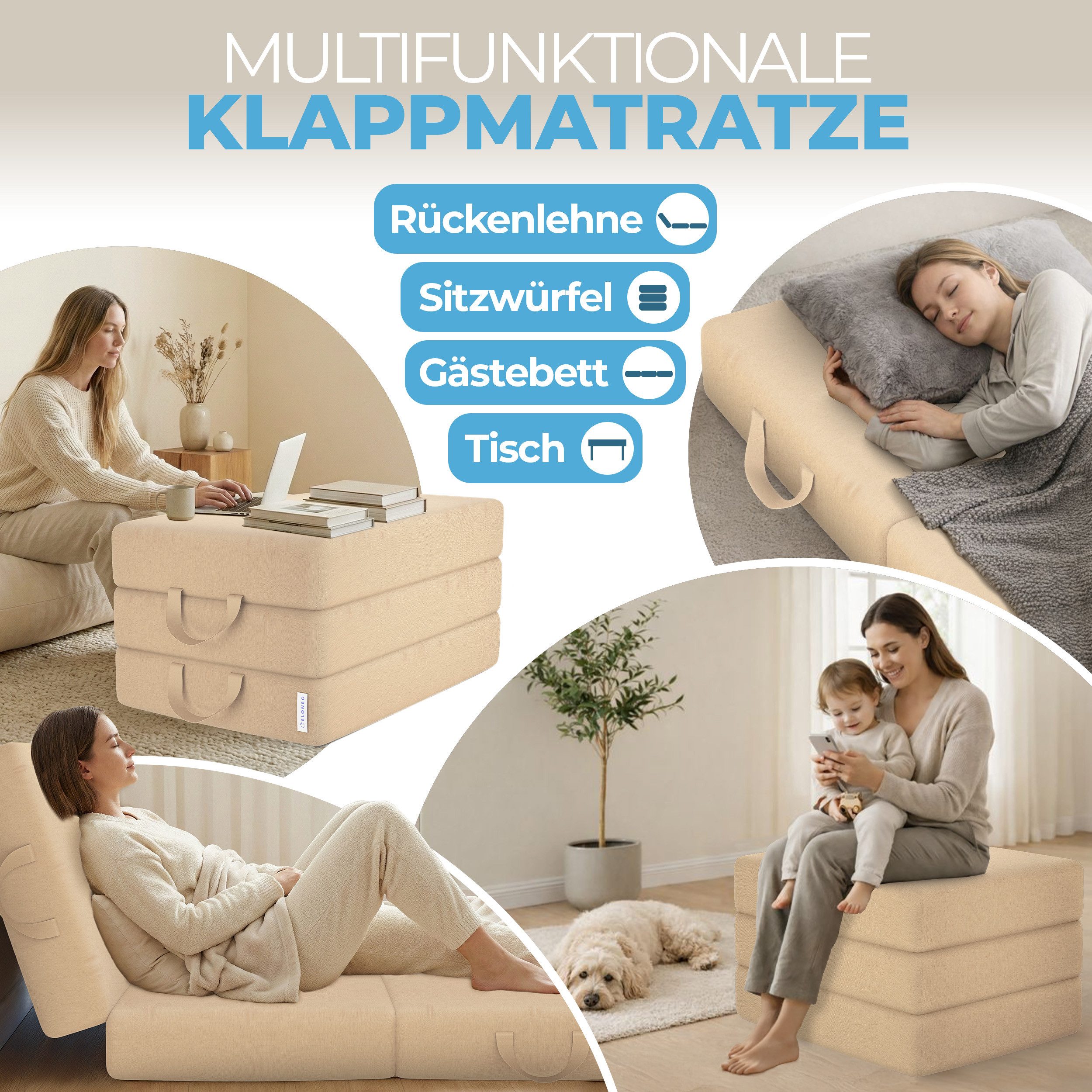 Klappmatratze 3-teilig, Gästematratze mit extra dickem Schaumstoff, ELONEO, 15 cm hoch, waschbarer Bezug, geeignet für Hausstauballergiker, schadstoffgeprüft