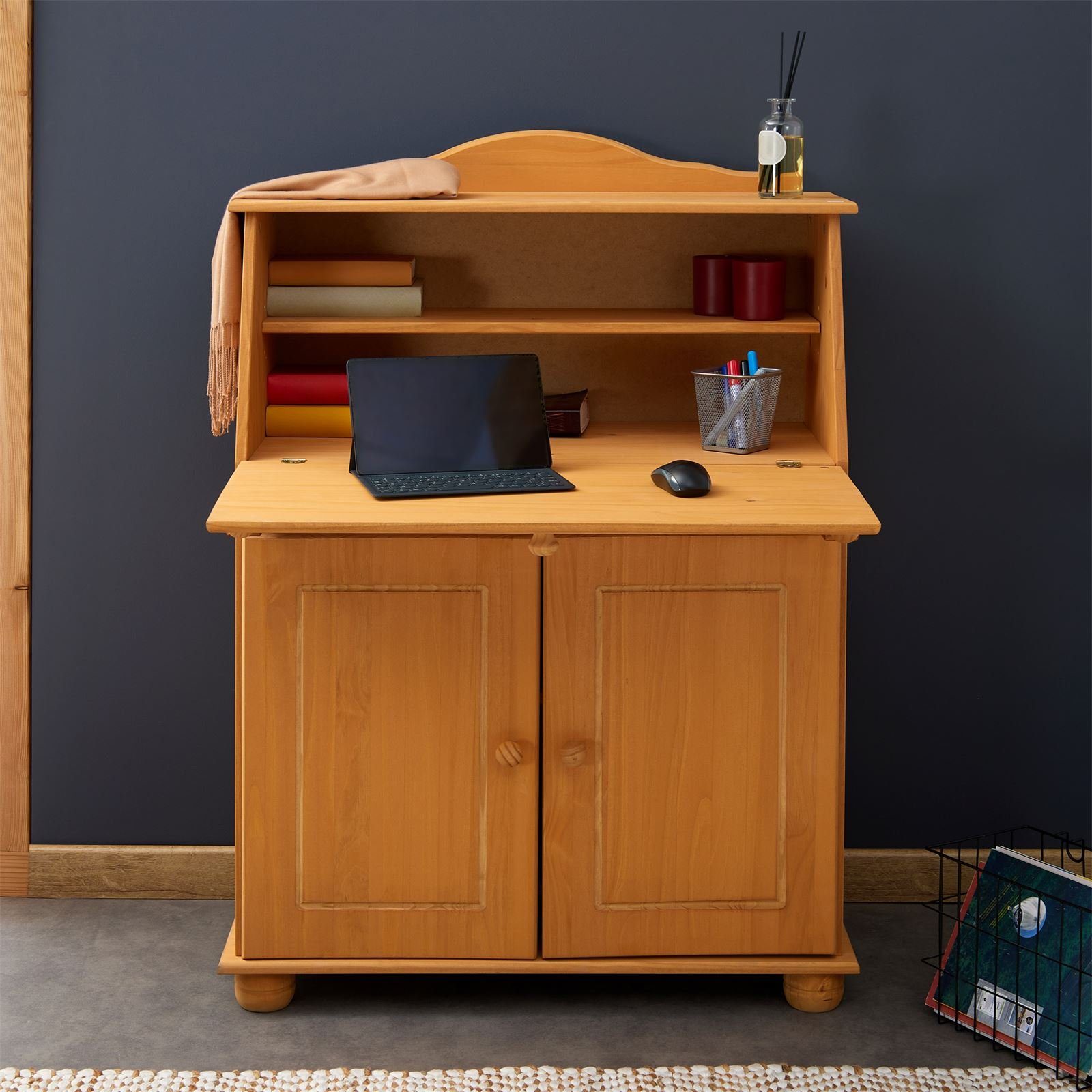 IDIMEX Sekretär DAVID, Schreibtisch im Landhausstil aus Massivholz mit Stauraum Gebeizt