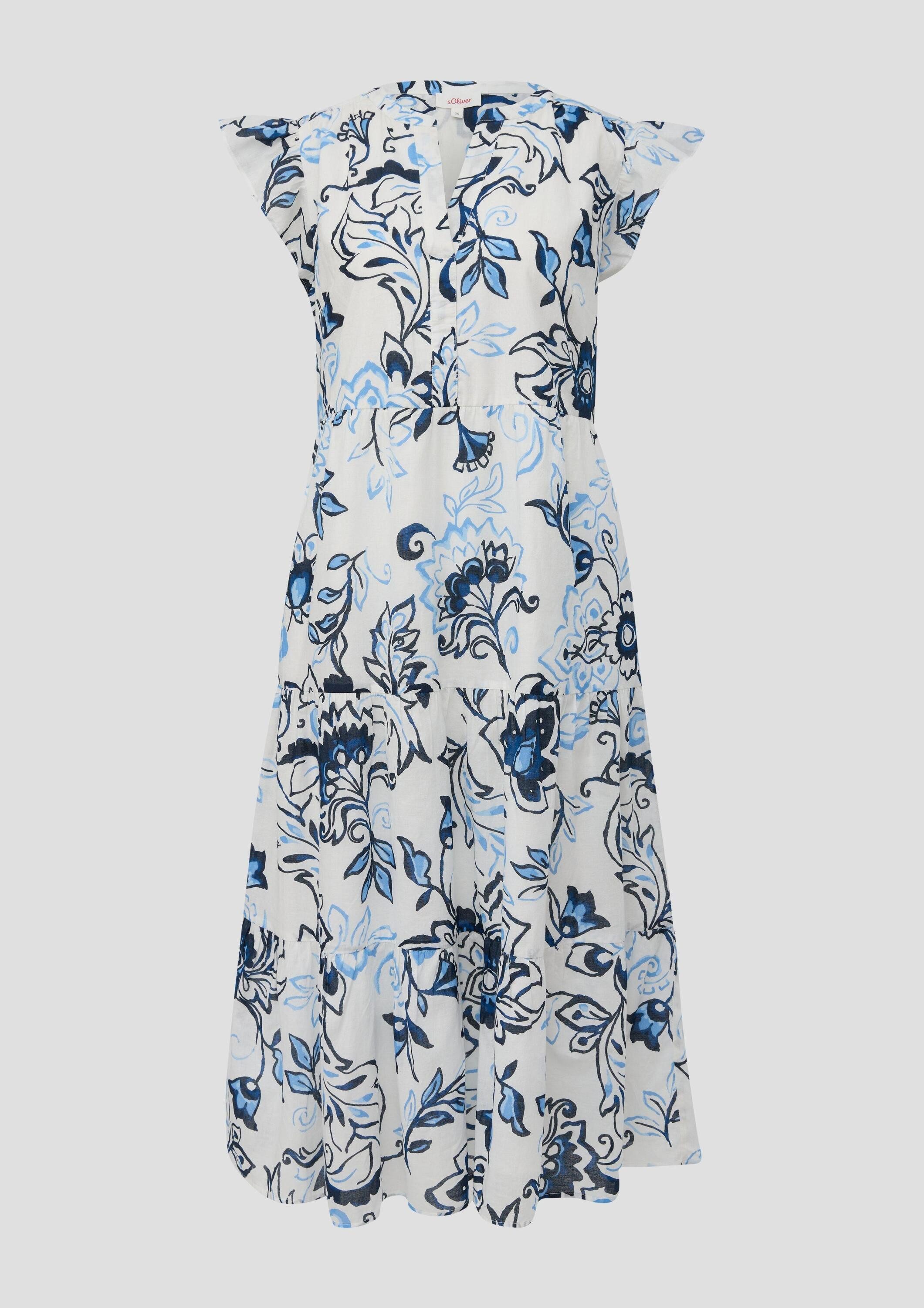 s.Oliver Midikleid Kleid Gemustertes Midikleid mit Raffung und Eingrifftaschen