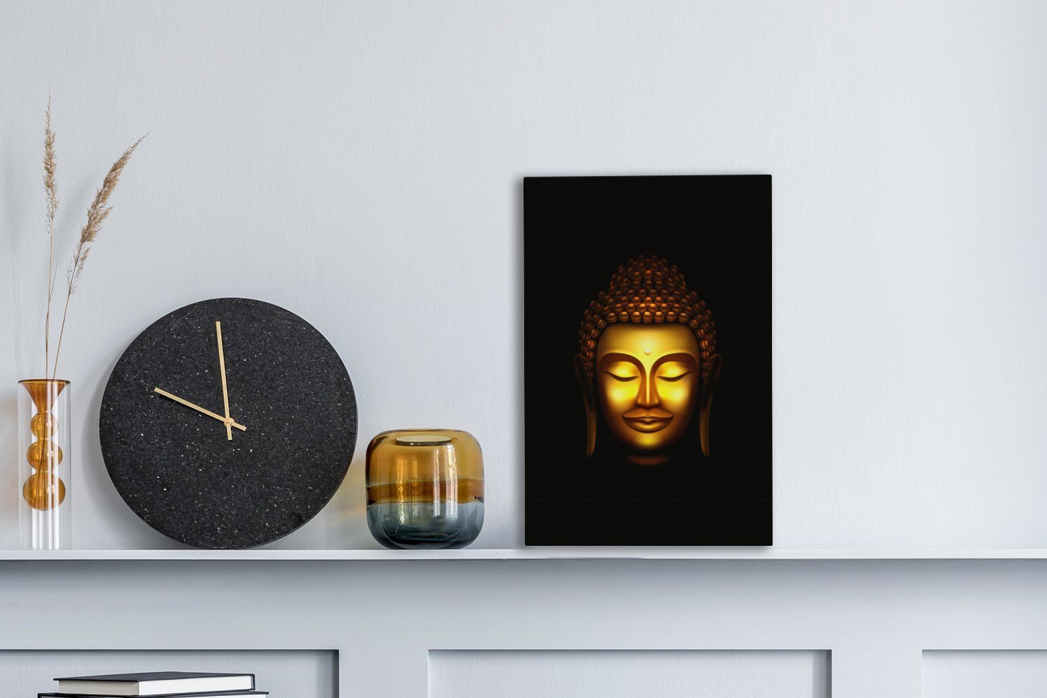 OneMillionCanvasses® Leinwandbild - Leinwandbild (1 cm inkl. Zackenaufhänger, Gemälde, St), 20x30 Gold, Kopf bespannt Buddha - fertig