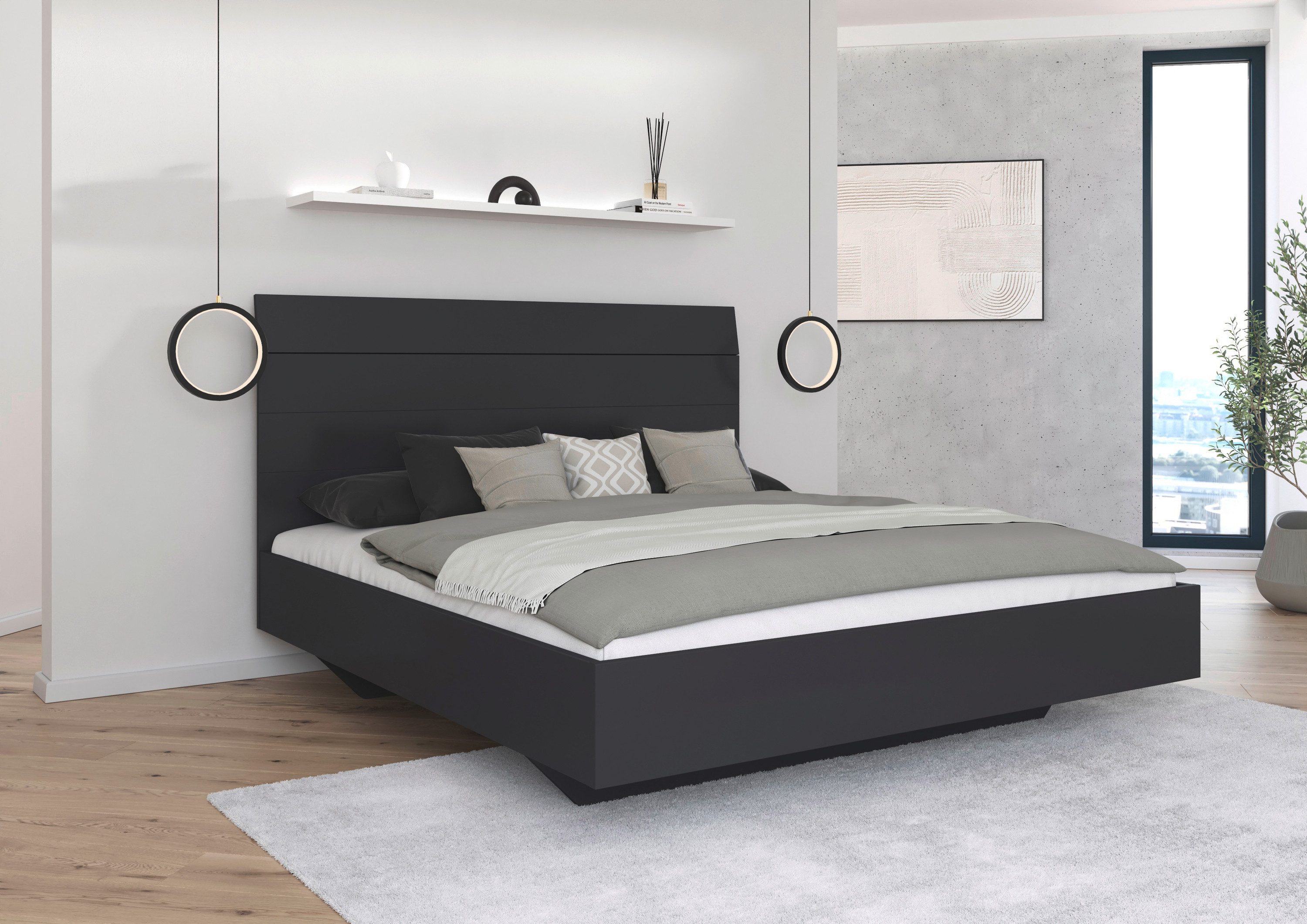 OTTO home Futonbett Bett Doppelbett Holzbett AGORDO (180x200 cm), mit hohem Kopfteil und schwebender Optik MADE IN GERMANY
