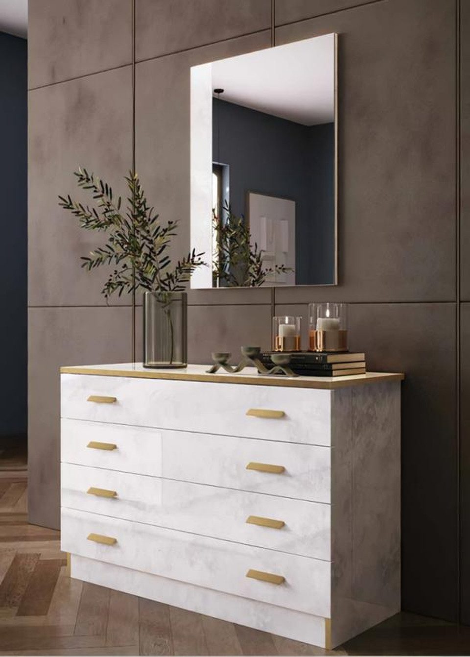 Kommode Modern Kommode mit Spiegel Luxus Moder design Schlafzimmer Holz Set