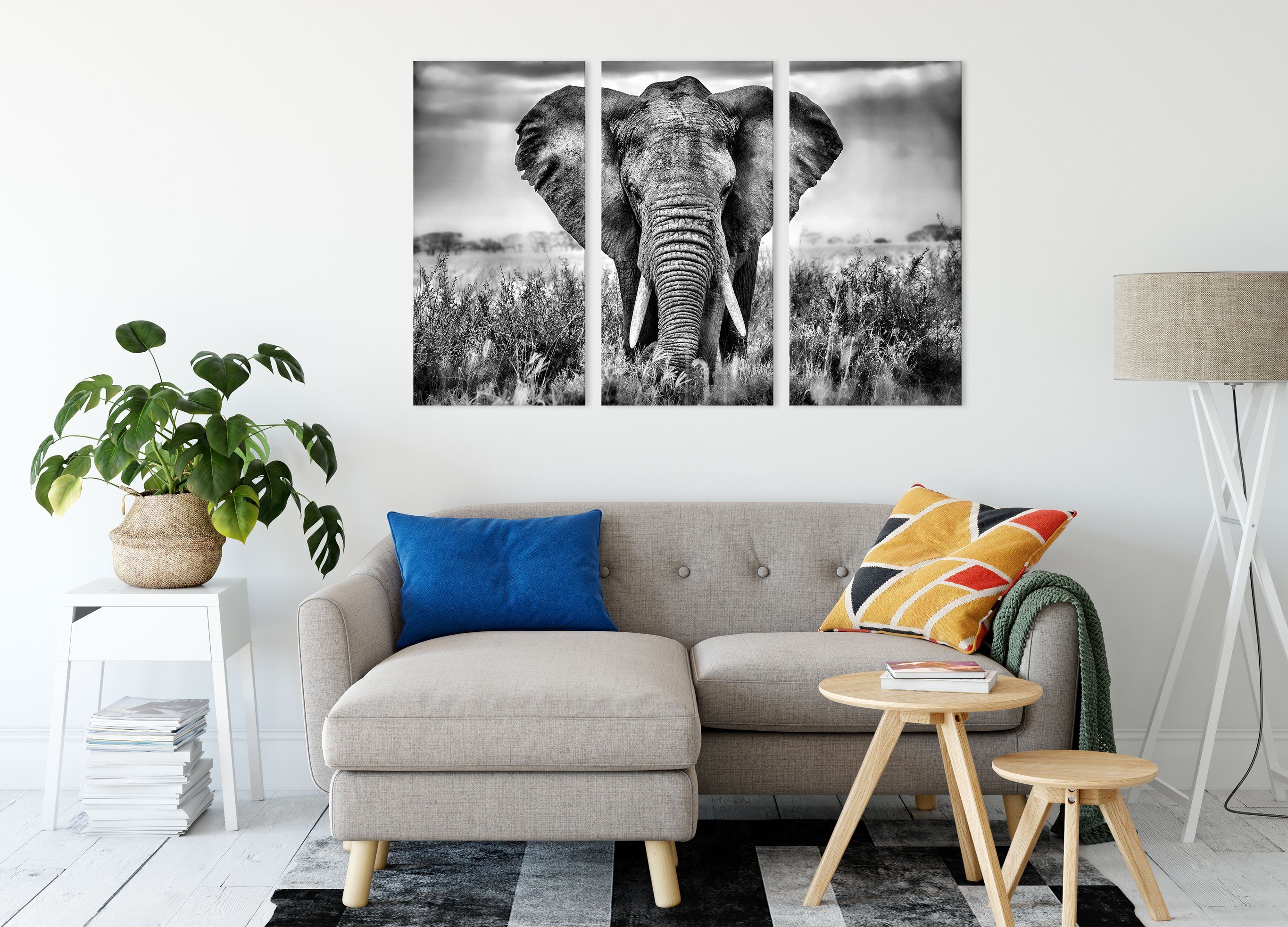 inkl. Elefant fertig Pixxprint Elefant, Imposanter (120x80cm) (1 Leinwandbild 3Teiler Imposanter bespannt, Leinwandbild St), Zackenaufhänger