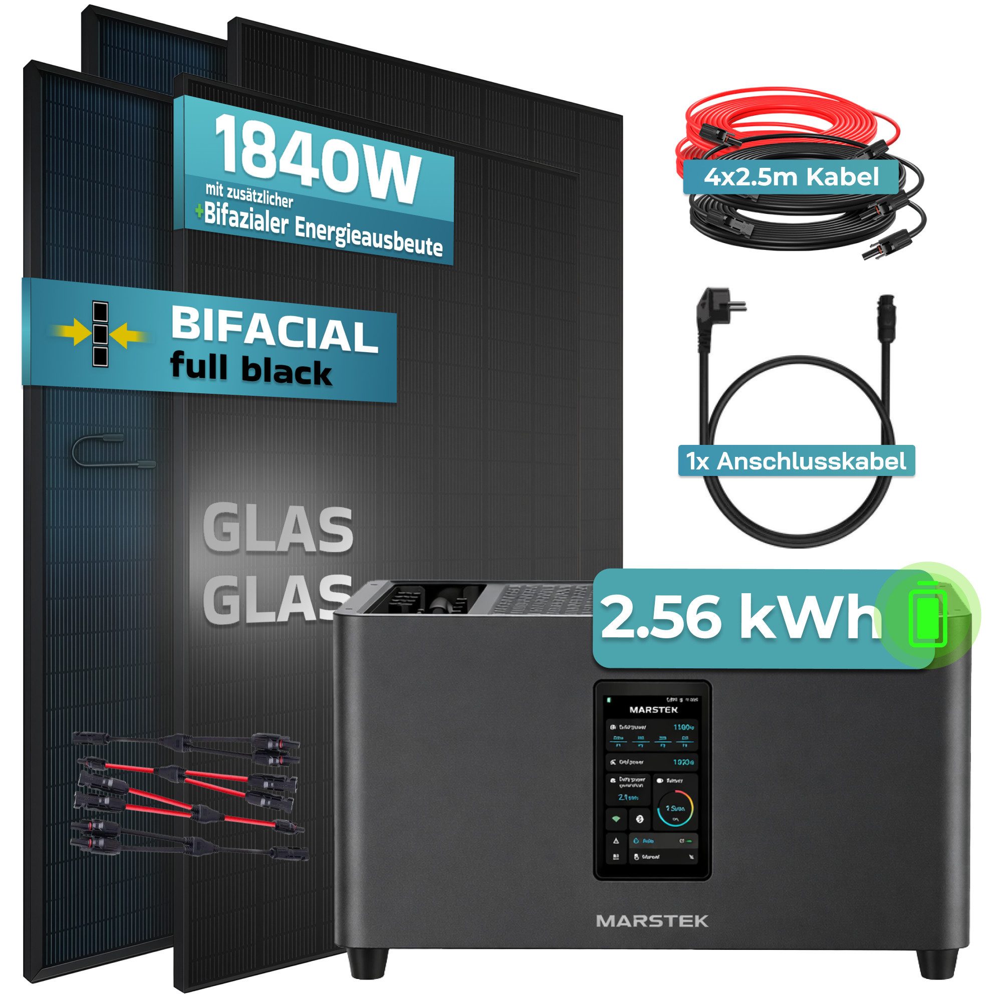 SUNNIVA Balkonkraftwerk 1840W mit 2,56 kWh Speicher MARSTEK Jupiter C + Plus, (BIFAZIAL FULLBLACK komplett Steckdose, PV Solaranlage Komplettset mit Solarspeicher, 4x 460W N-Type Glas-Glas Bifacial)
